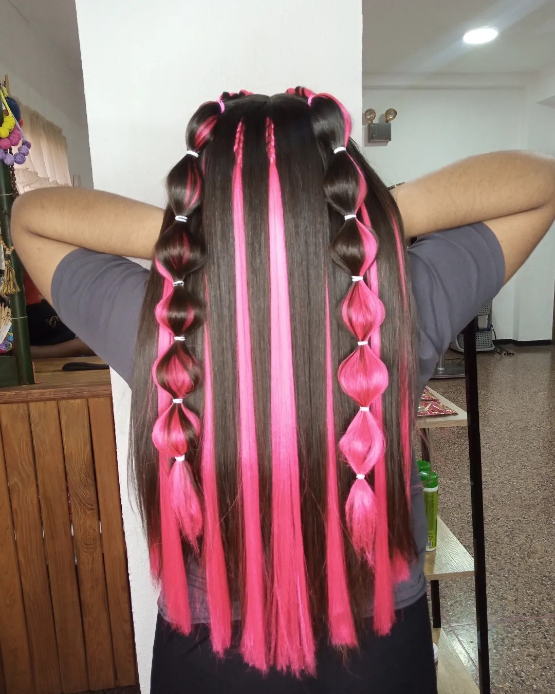 Bubble Braid Half Updo With Neon Pink Highlights