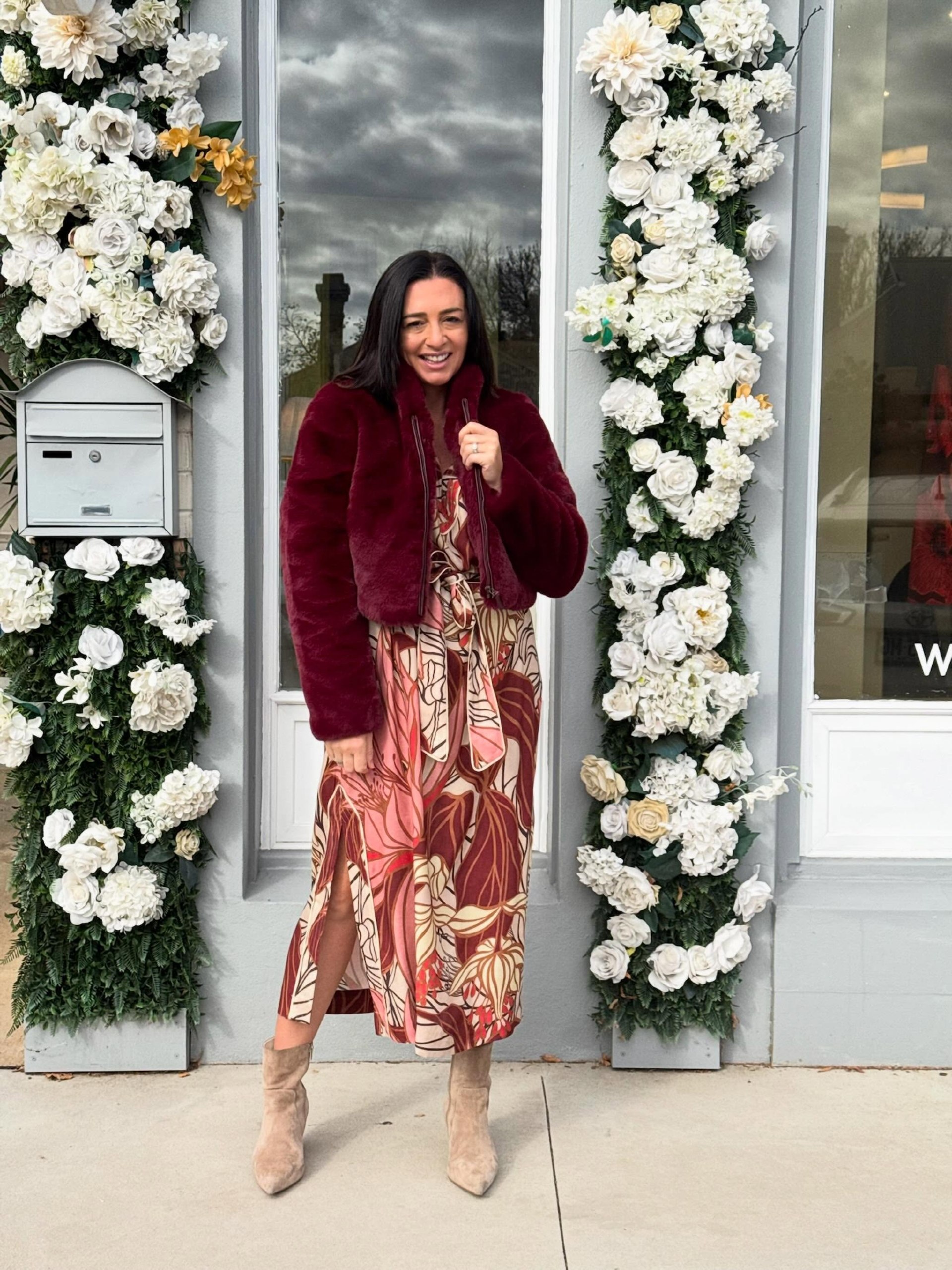 Burgundy Faux Fur Jacket Over Floral Midi Dress