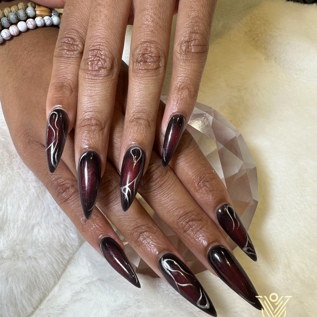 Burgundy Metallic Stiletto Flame Nails