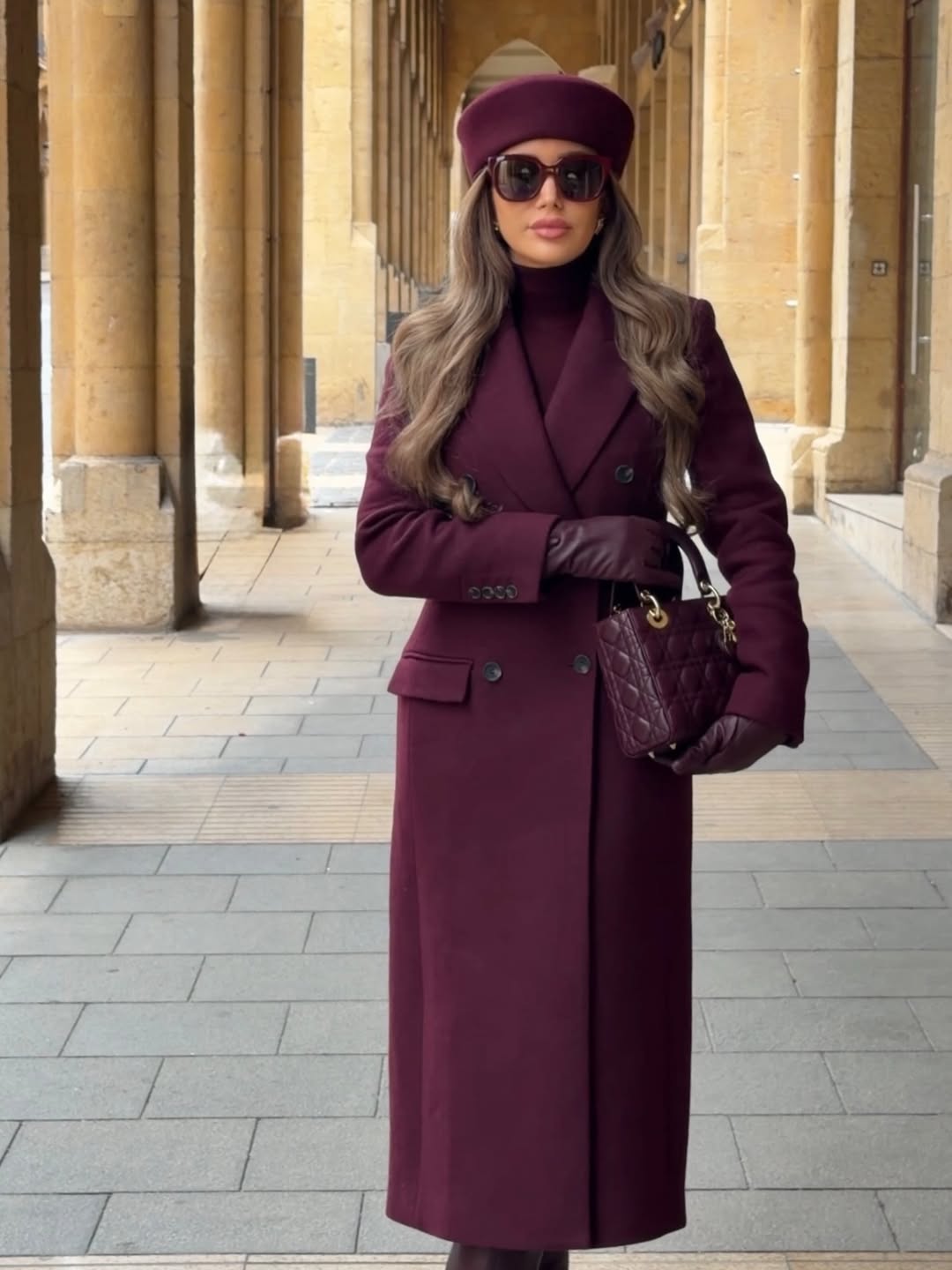 Burgundy Monochromatic Wool Coat And Matching Beret Look