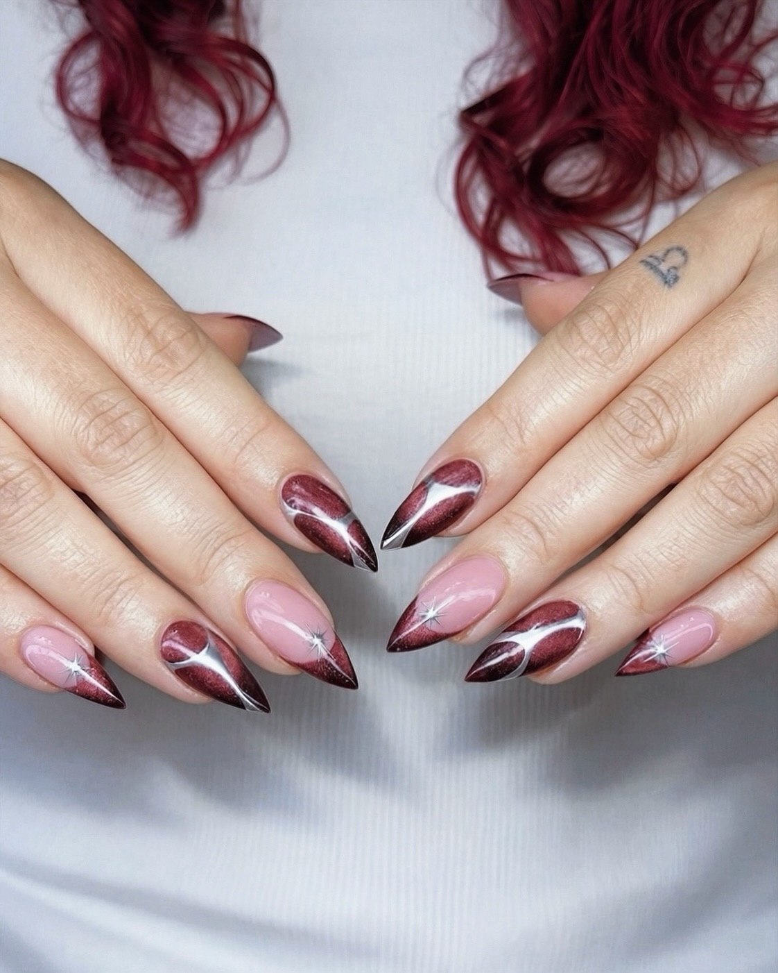 Burgundy Swirl Chrome Stiletto Nails