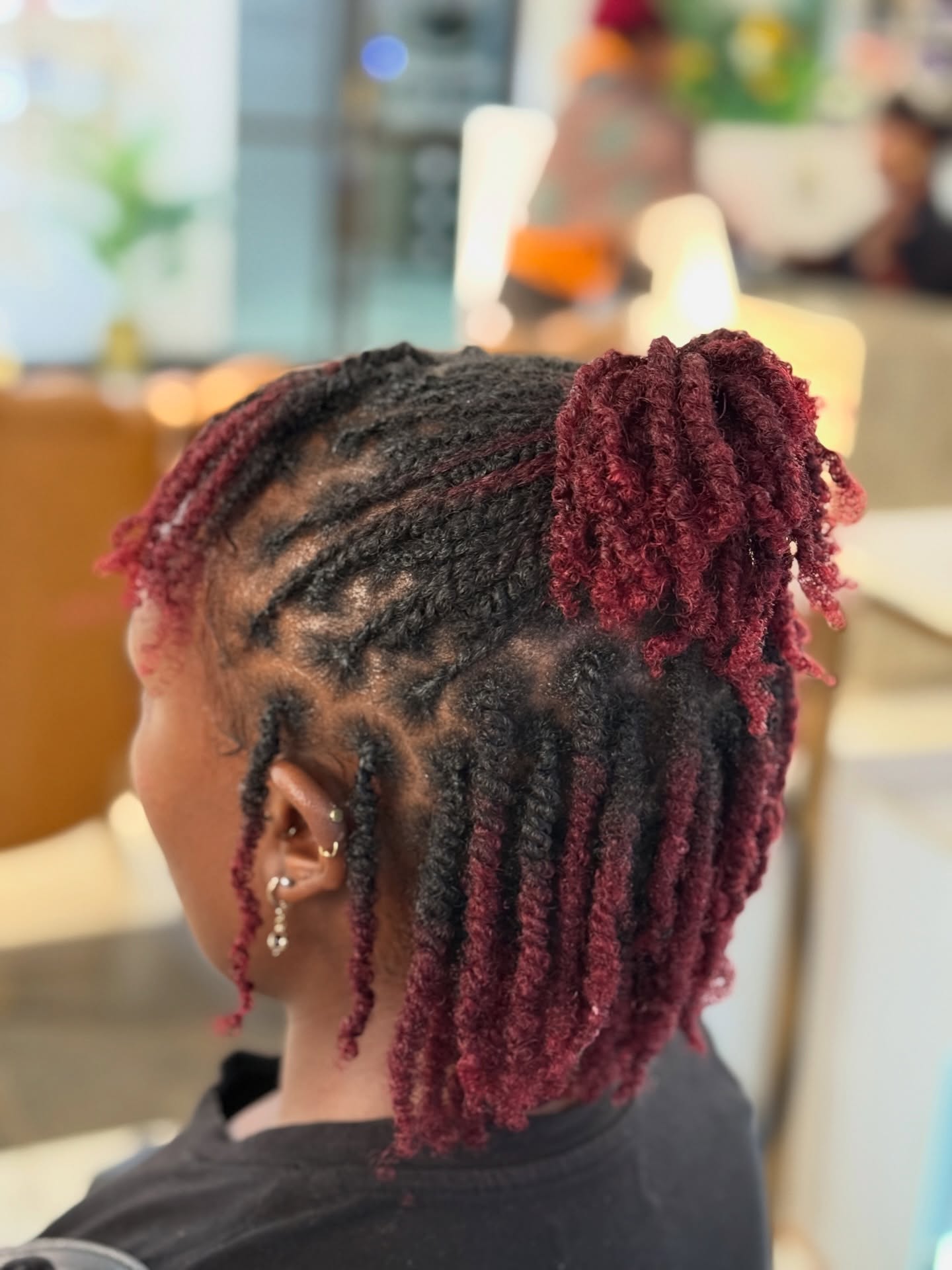 Burgundy Tipped Kinky Twists With Half Up Pony