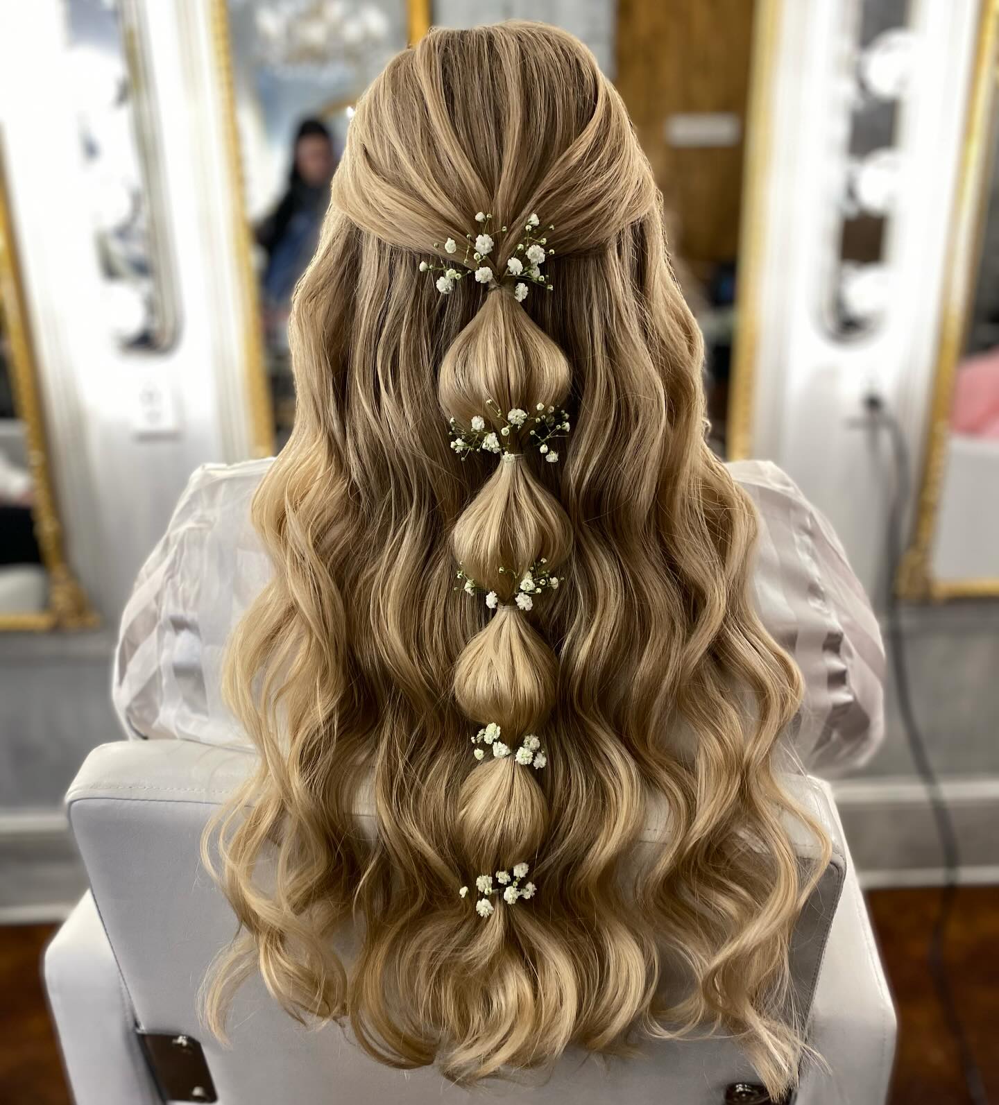 Cascading Bubble Braid With Baby's Breath Accents