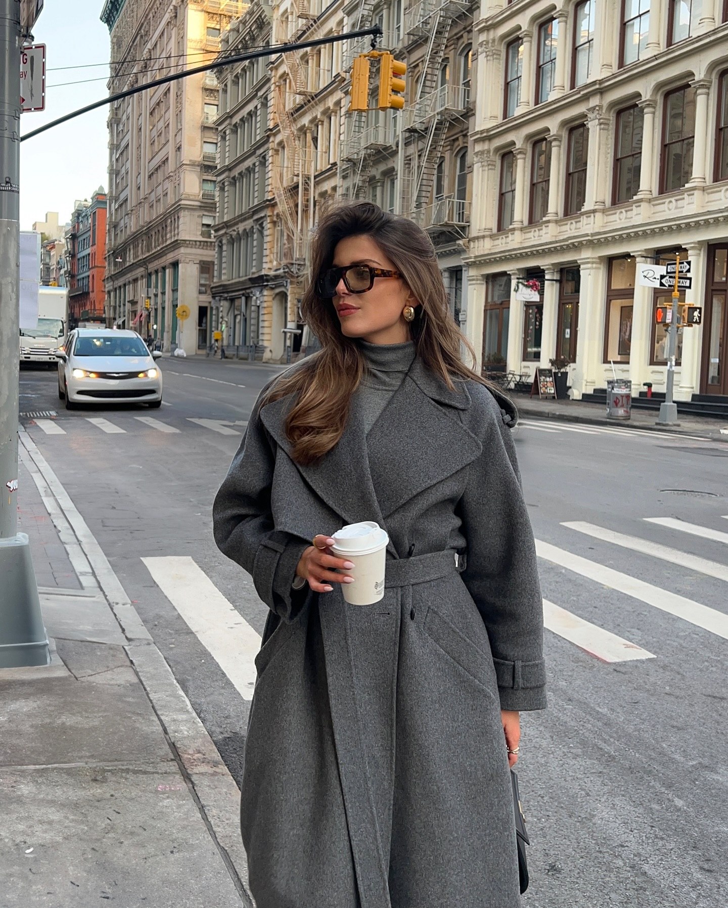 Charcoal Grey Belted Wool Coat With Turtleneck