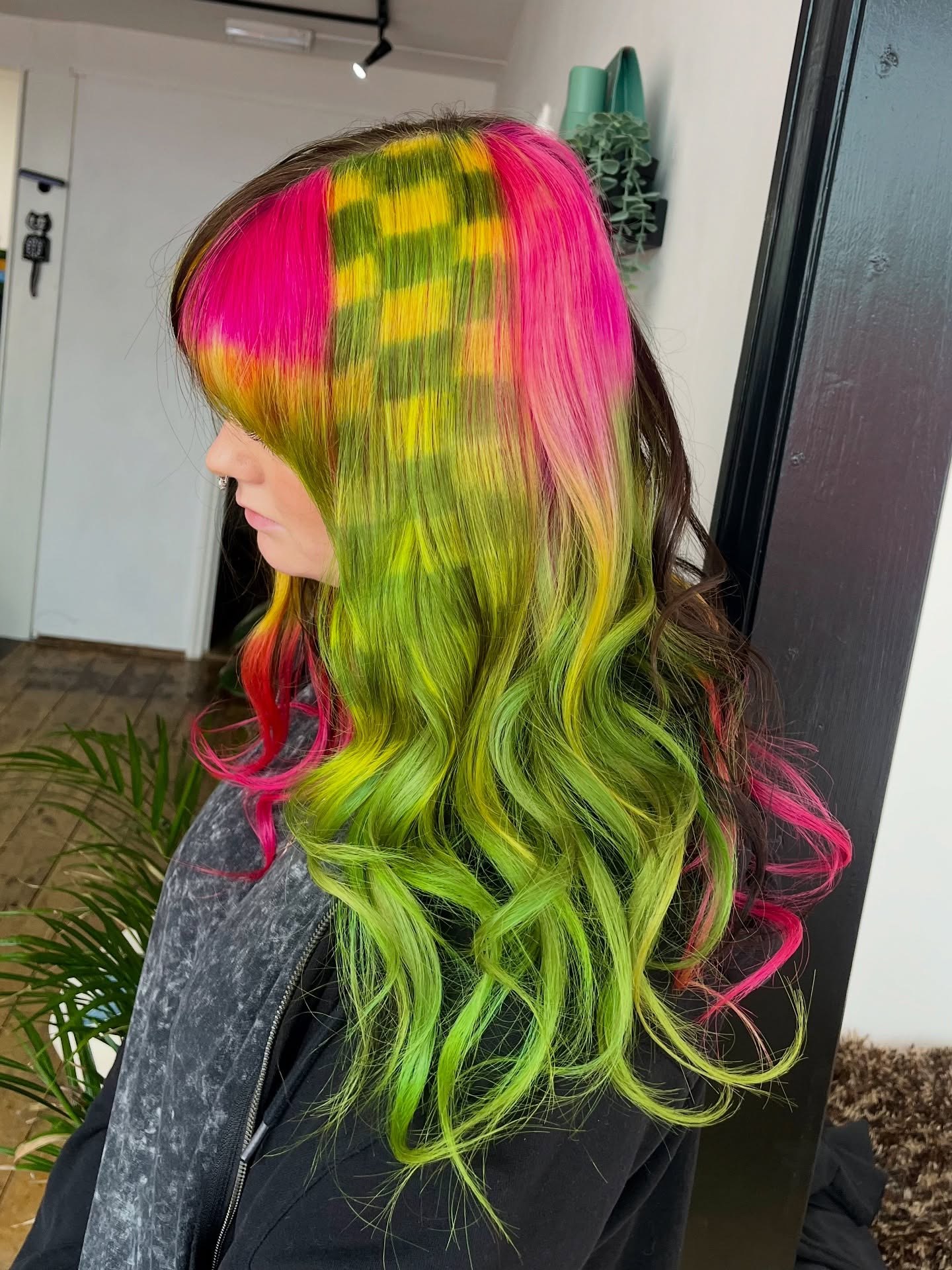 Checkerboard Hair Art With Pink And Lime Green