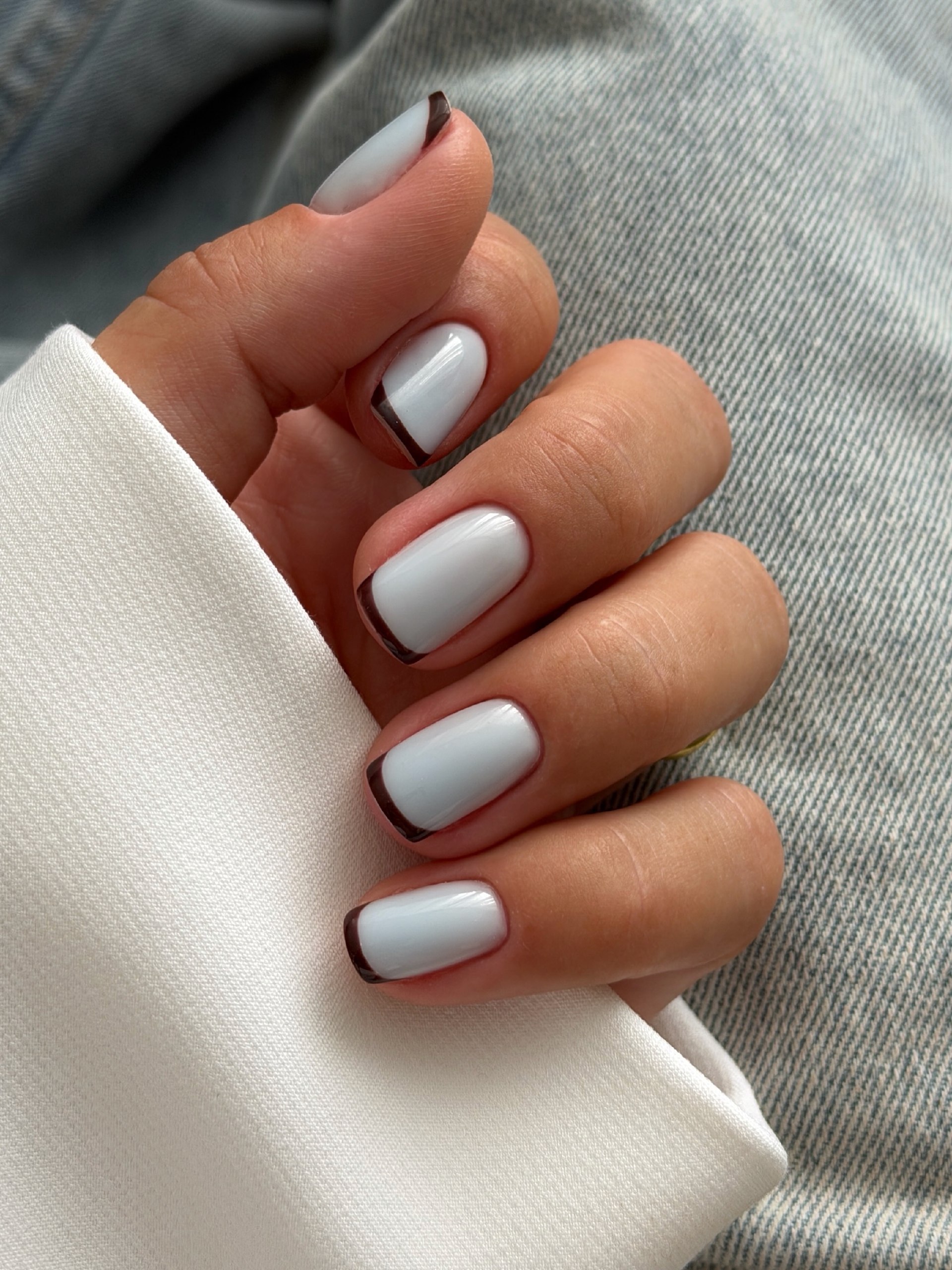 Chic Baby Blue French Tips with Dark Brown Outline