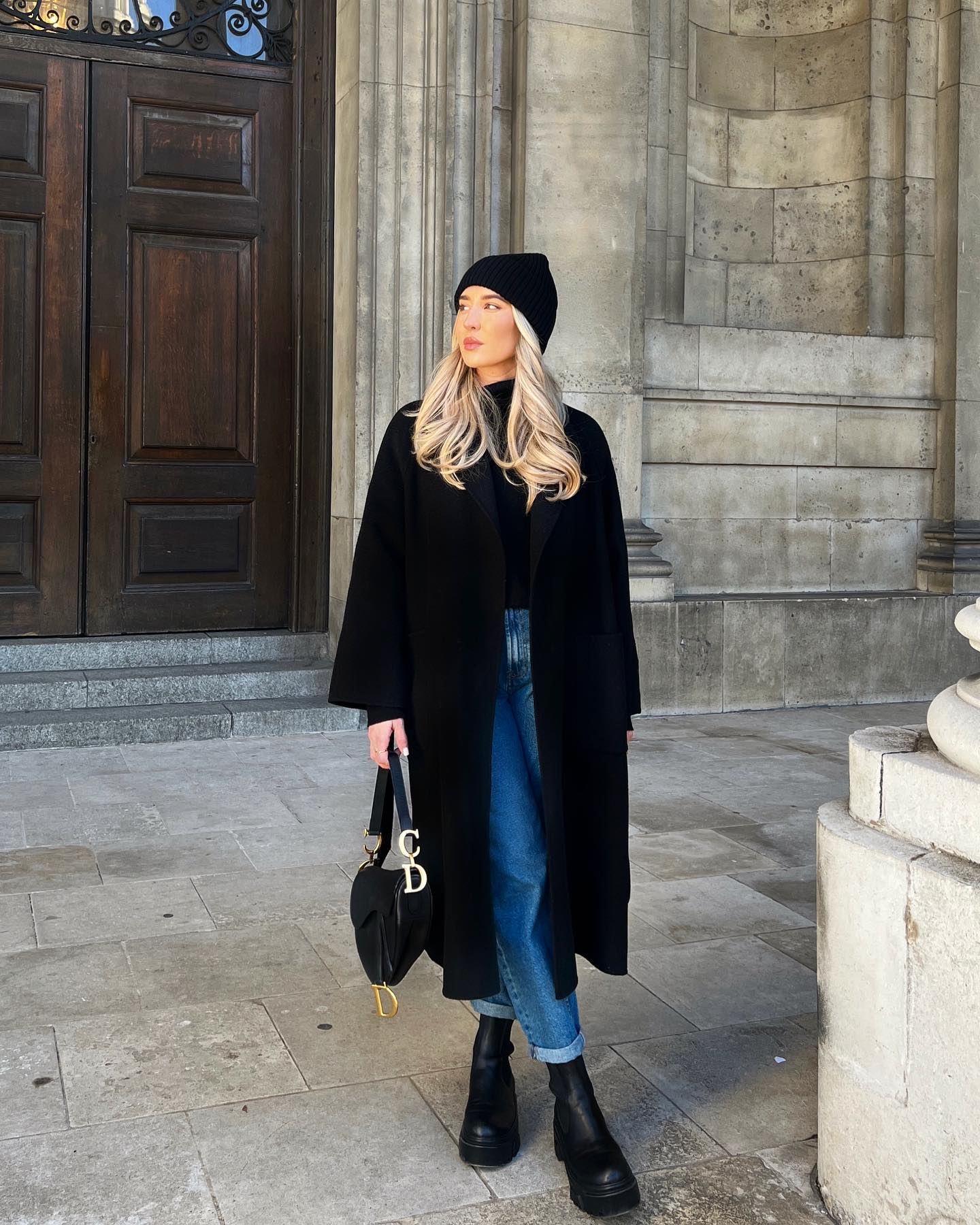 Chic Black Wool Coat With Blue Denim