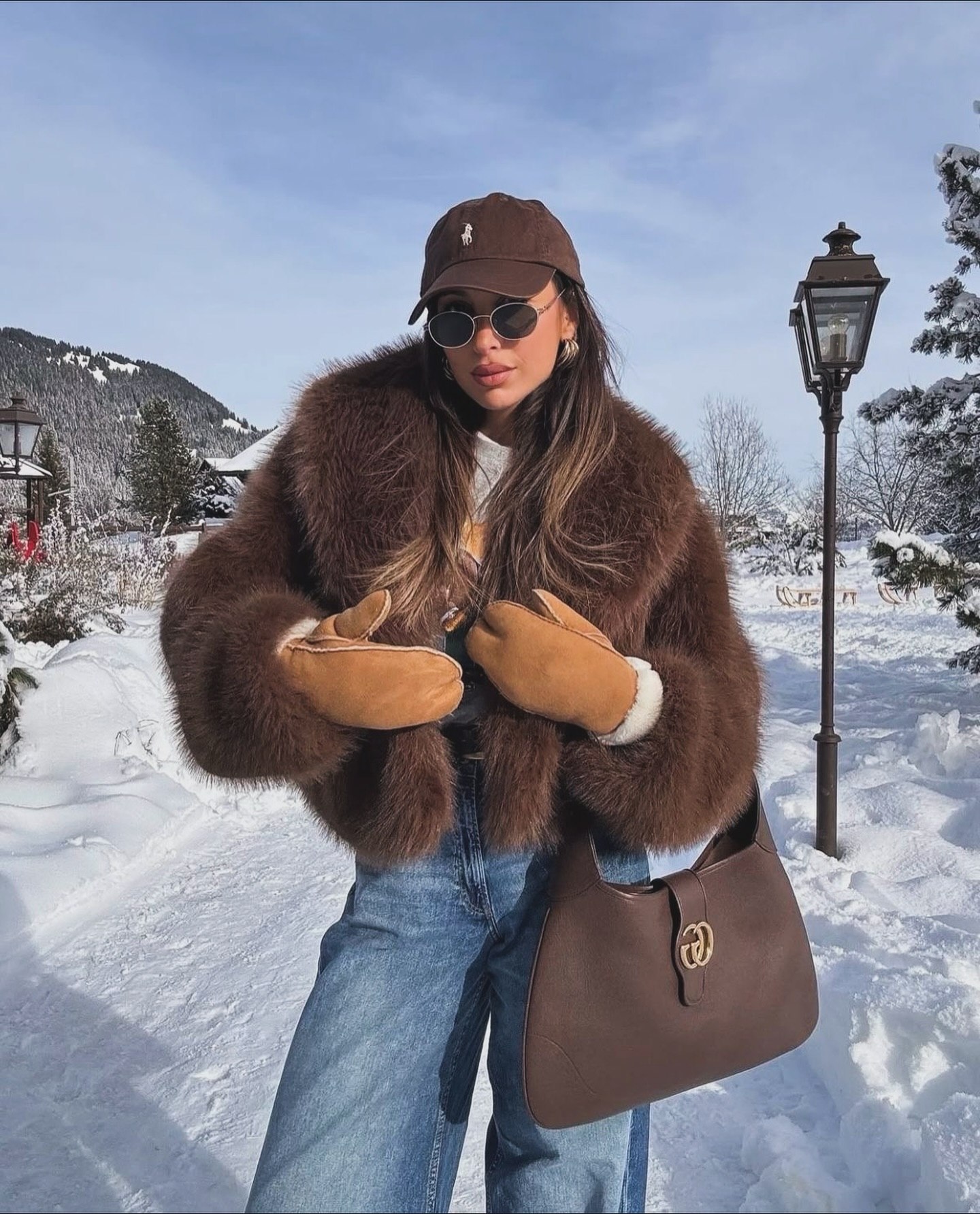 Chic Brown Faux Fur Coat With Denim And Tan Accessories
