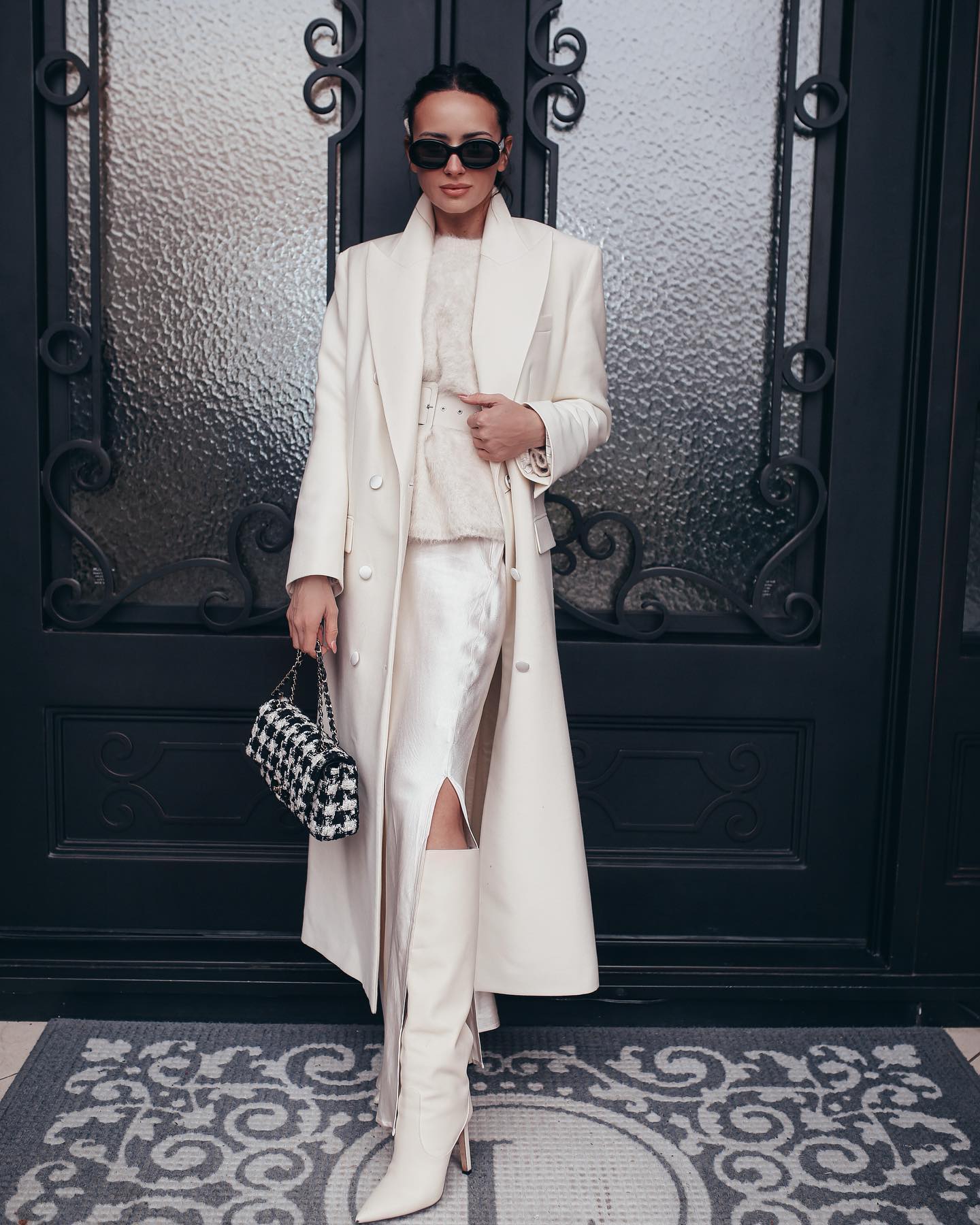 Chic Cream Coat With Matching Boots and Skirt