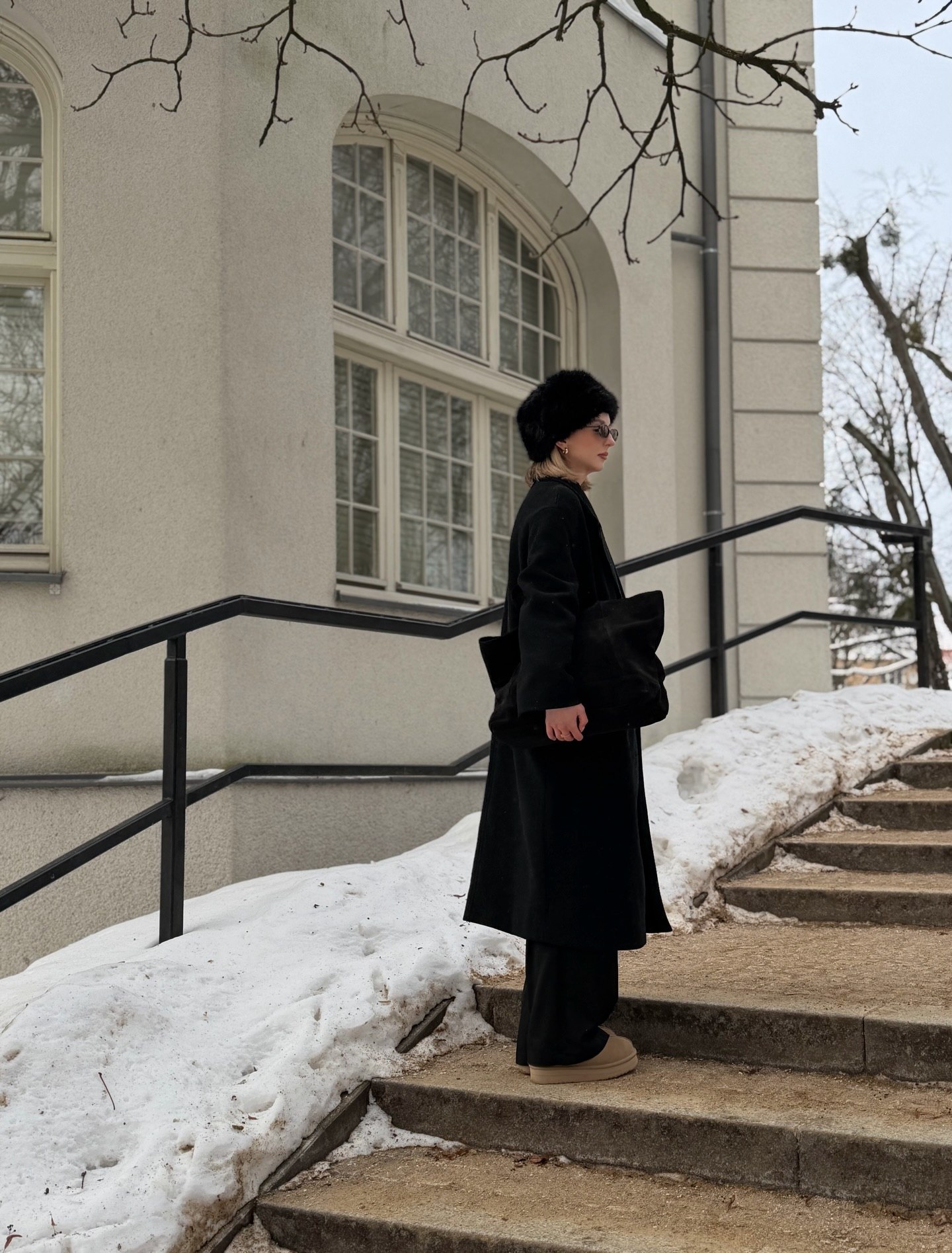 Chic Monochrome Black Winter Ensemble with Faux Fur Hat