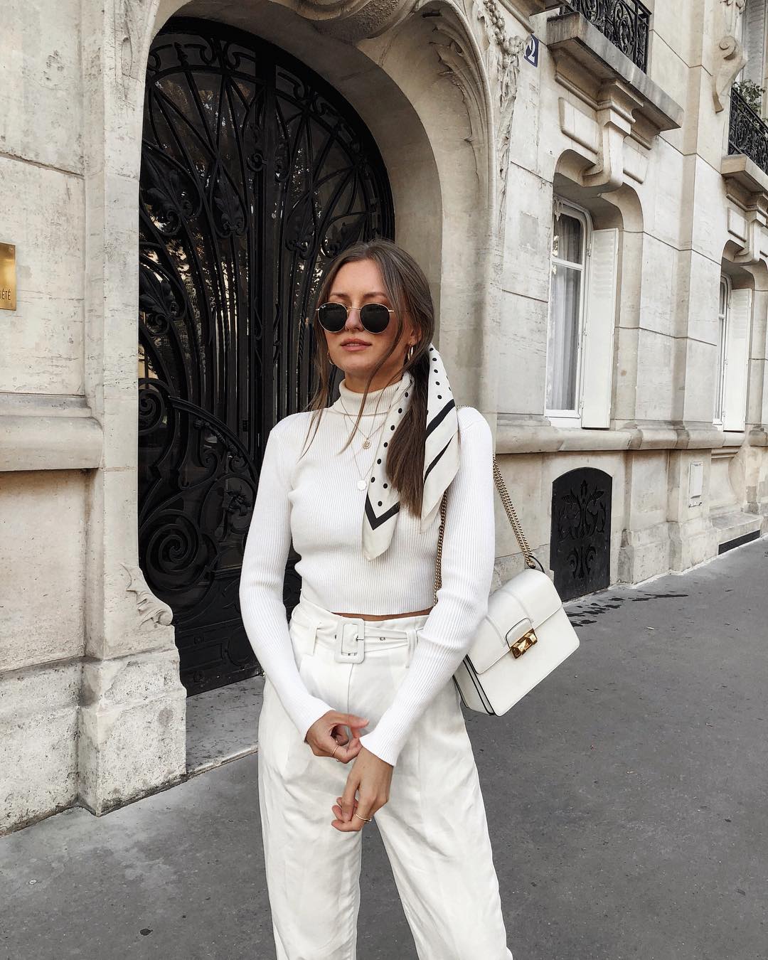 Chic Monochrome White Outfit With Polka Dot Scarf