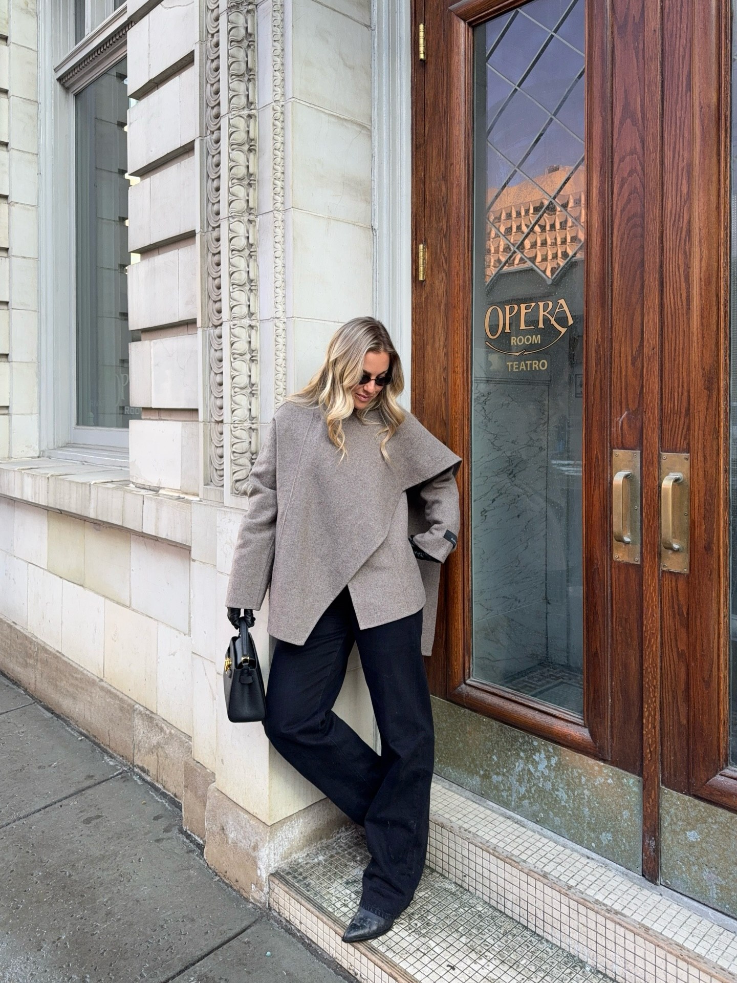Chic Taupe Cape Jacket With Black Wide Leg Trousers