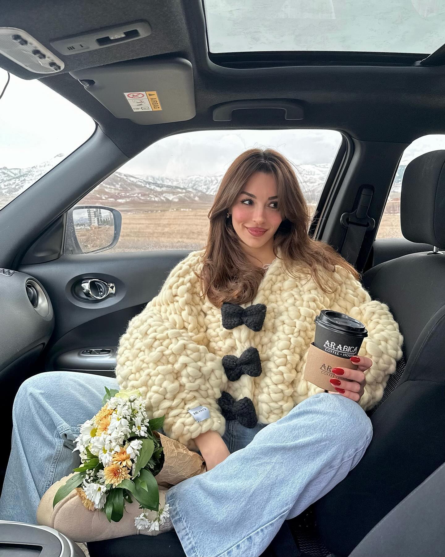 Chunky Knit Cardigan With Denim And Coffee
