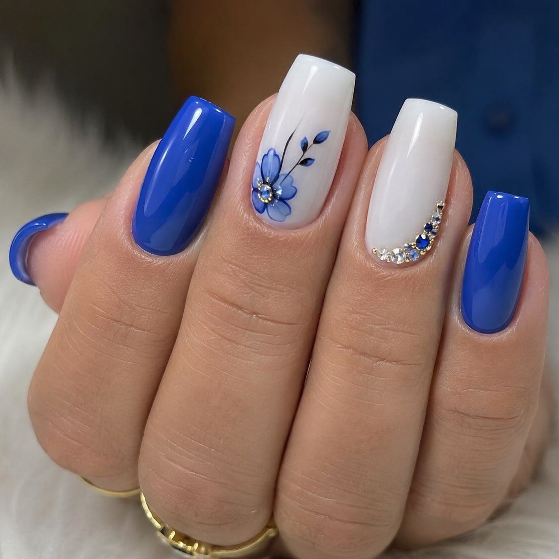 Cobalt Blue & White Floral Accent Nails