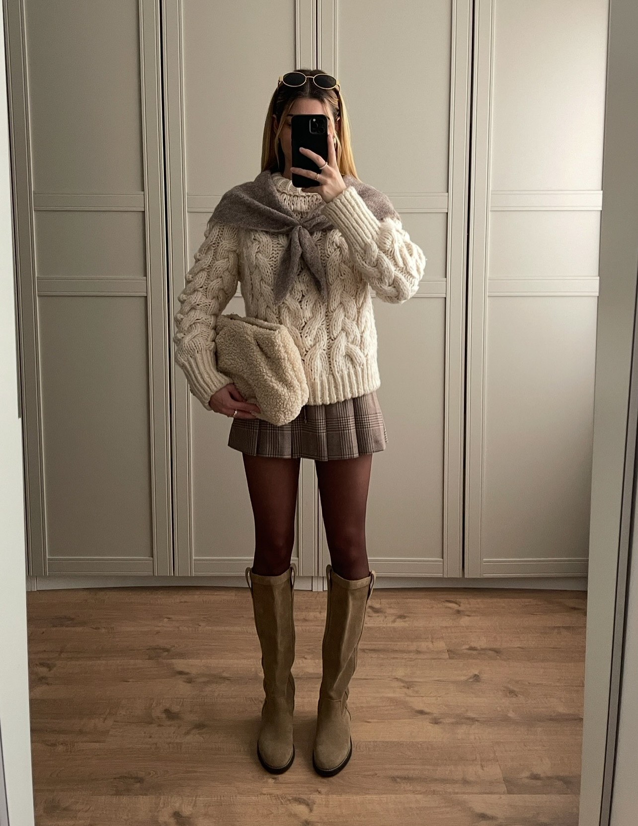Cozy Cable Knit Sweater With Plaid Mini Skirt