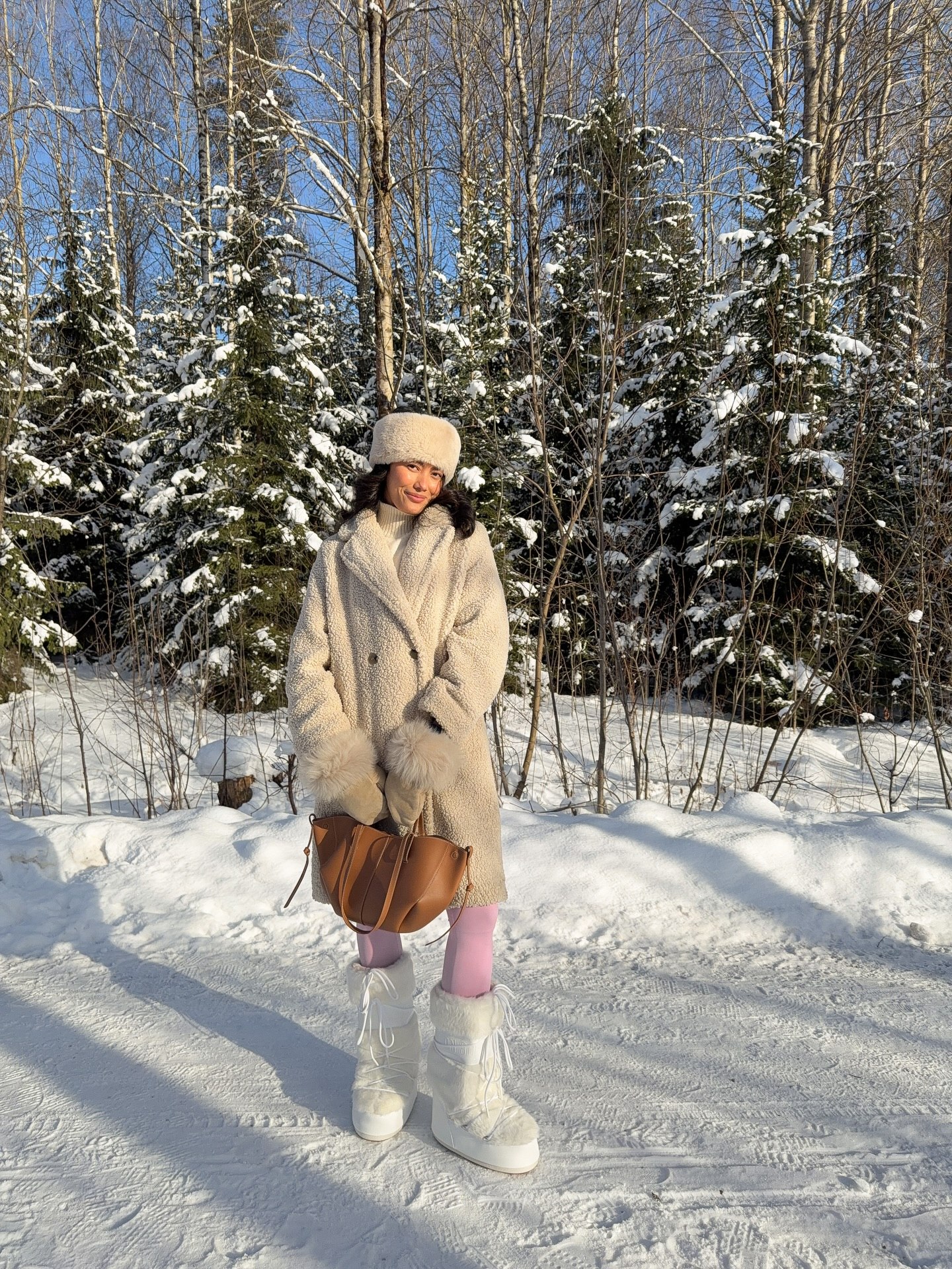 Cozy Cream Faux Fur Coat Winter Wonderland Look