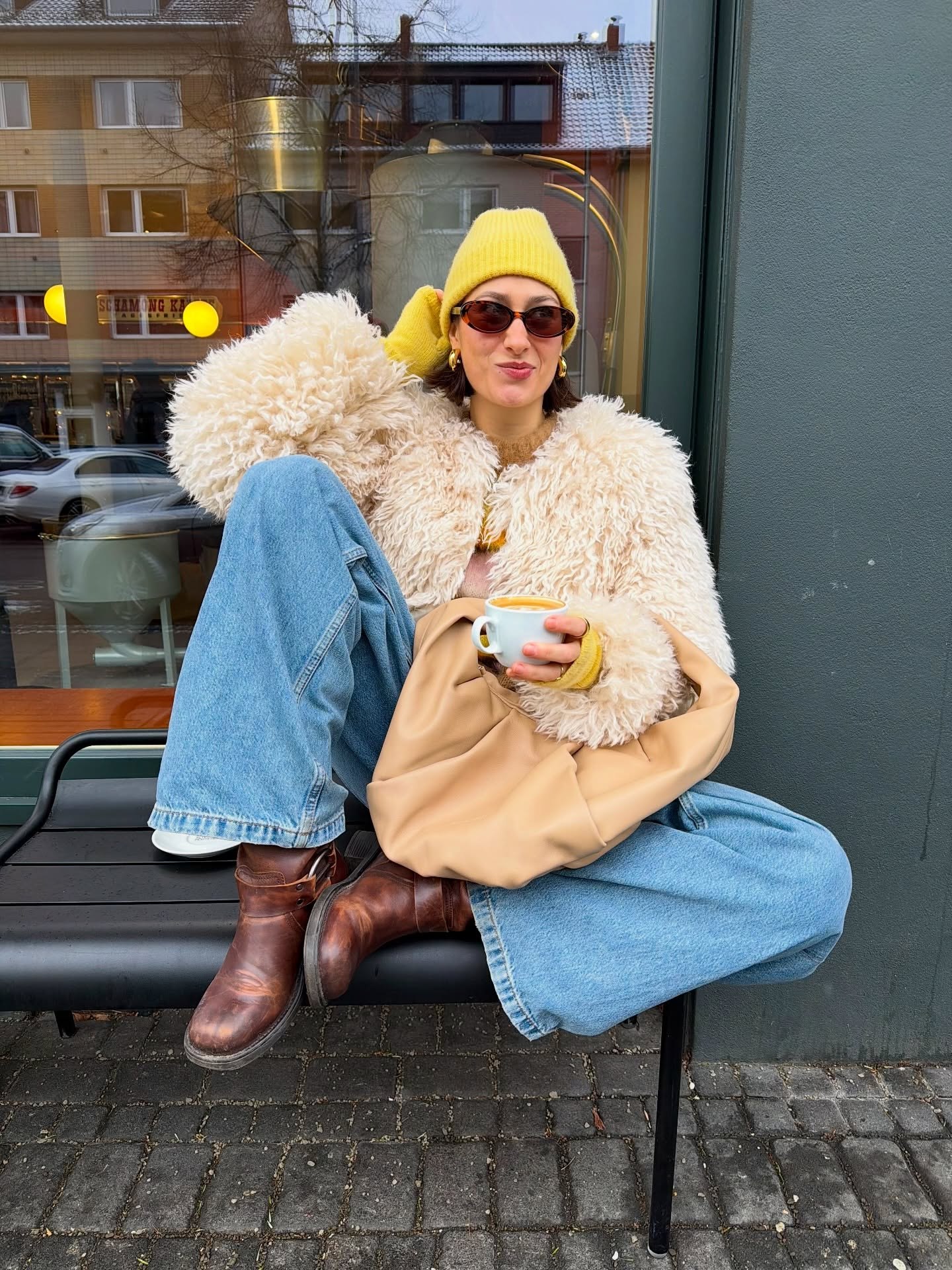 Cozy Cream Sherpa Jacket With Light Wash Denim