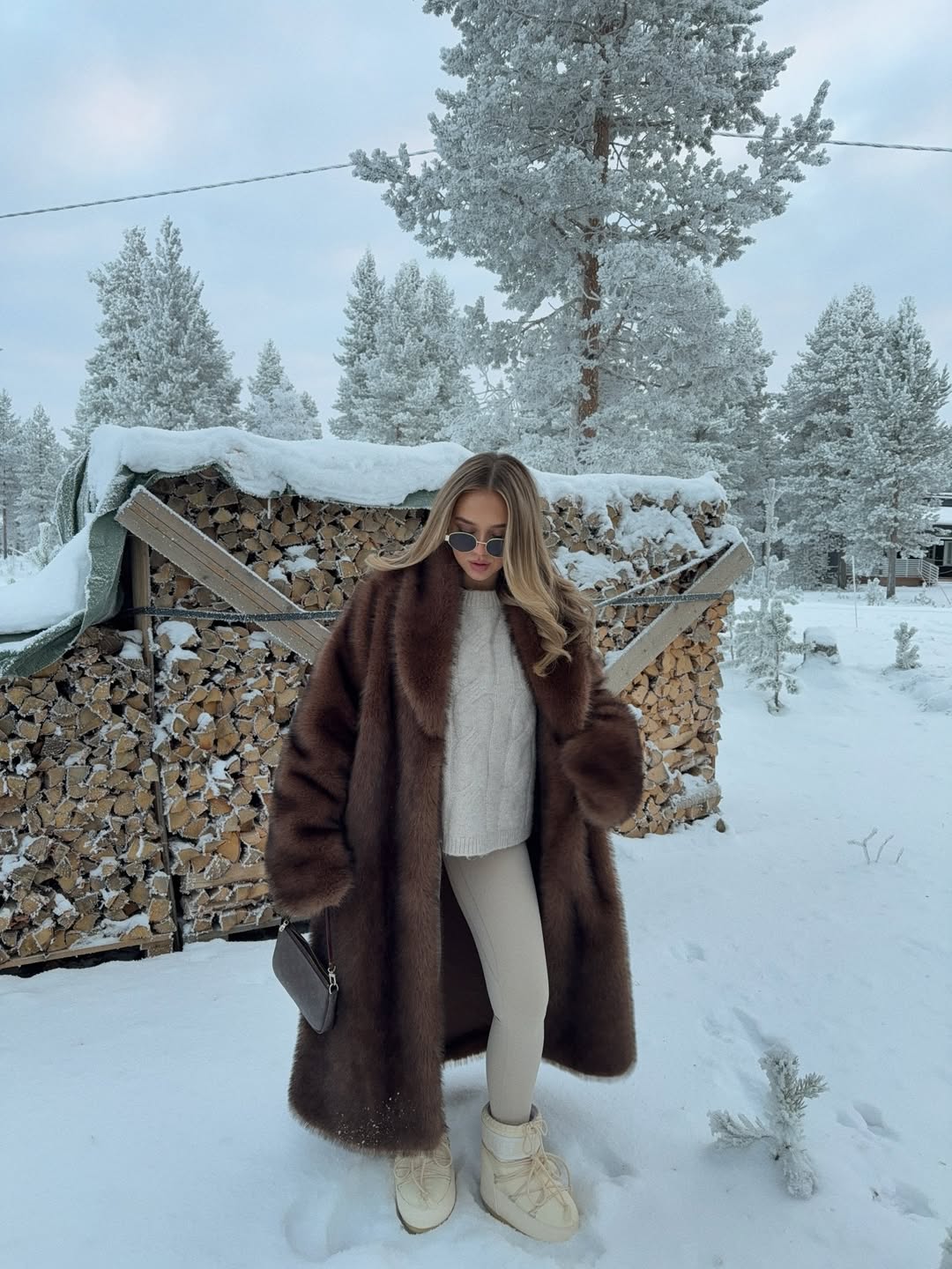 Cozy Faux Fur Coat With Cable Knit Sweater