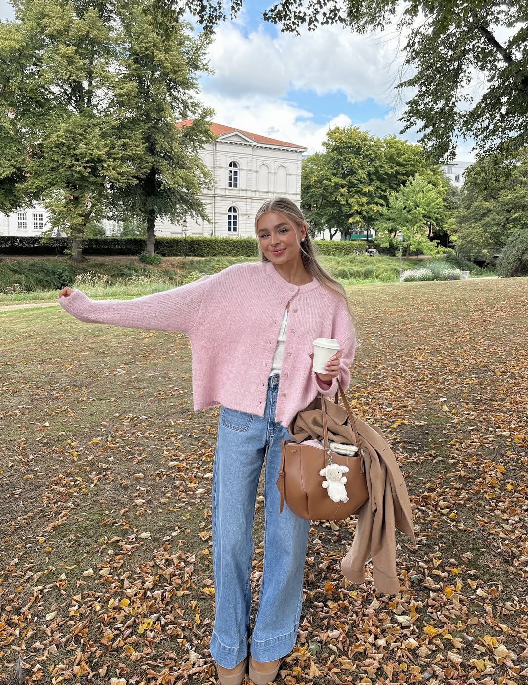 Cozy Pink Cardigan And Wide Leg Denim