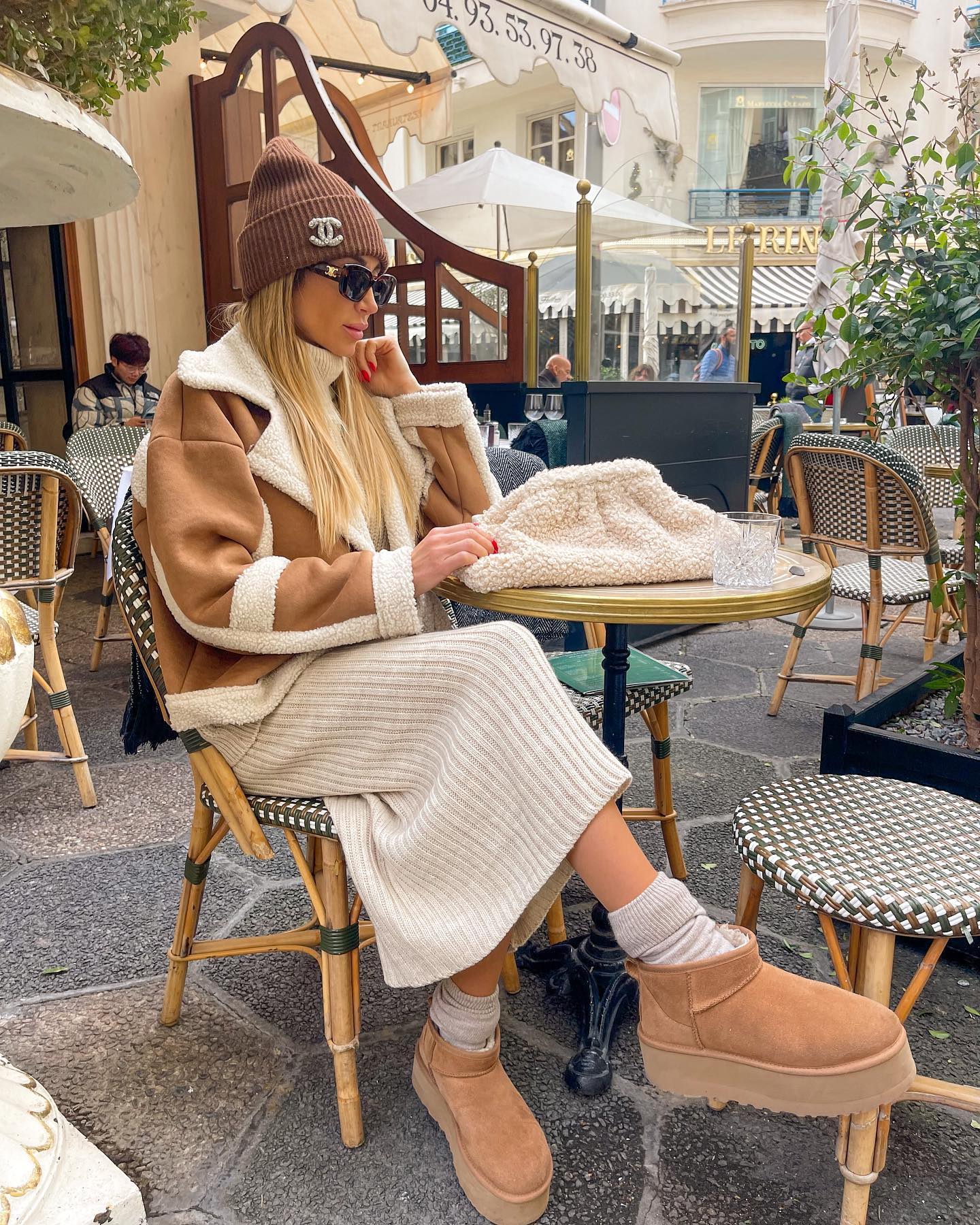 Cozy Shearling Jacket And Knit Midi Skirt