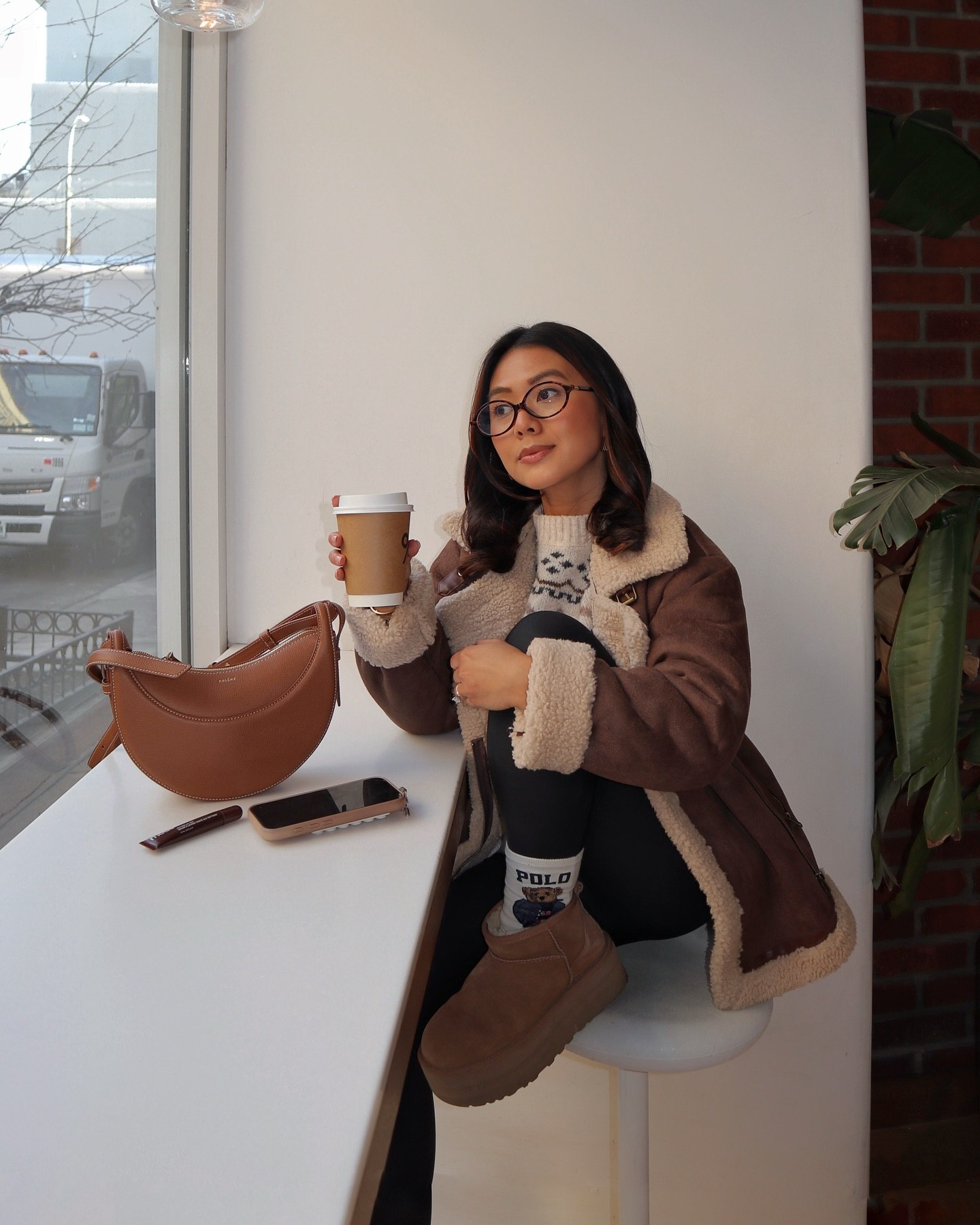 Cozy Shearling Jacket And Platform Bootie Cafe Look