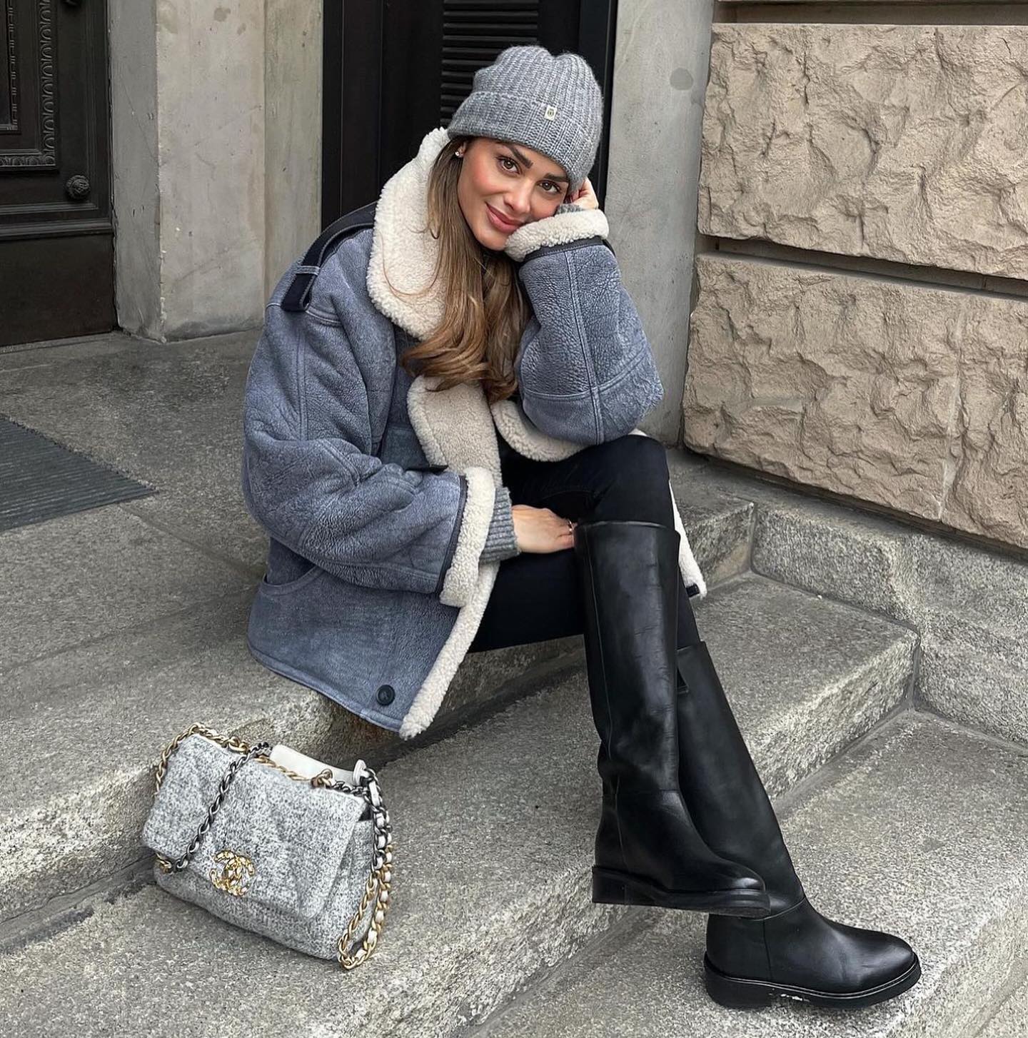 Cozy Shearling Lined Aviator Jacket With Black Skinny Jeans