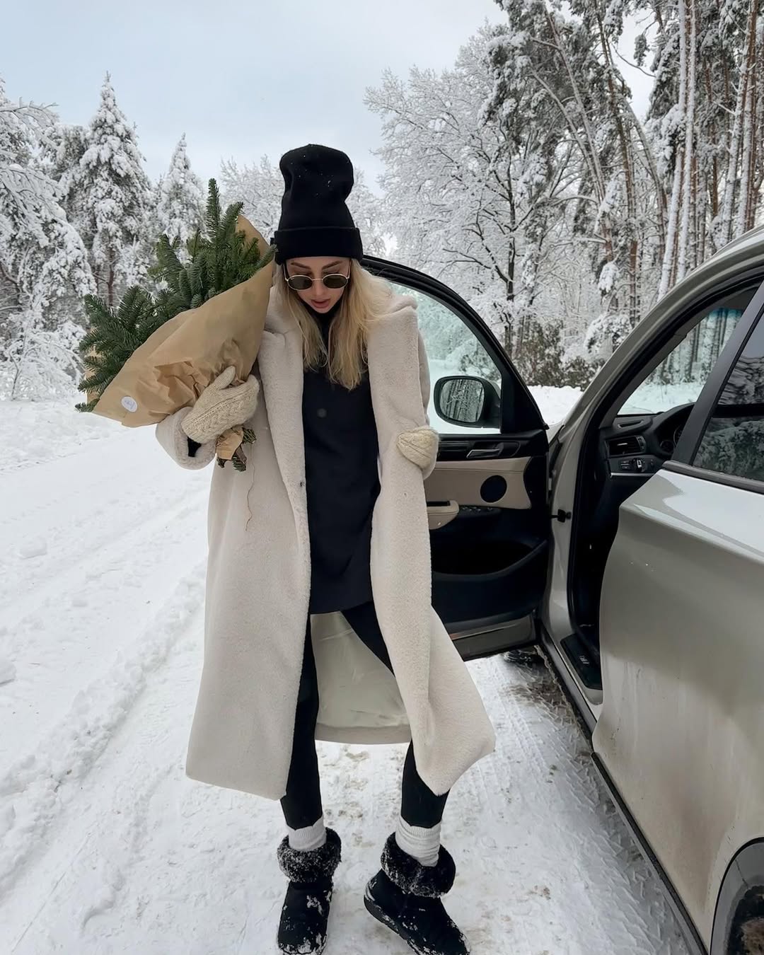 Cozy Teddy Coat And Black Leggings Winter Getaway