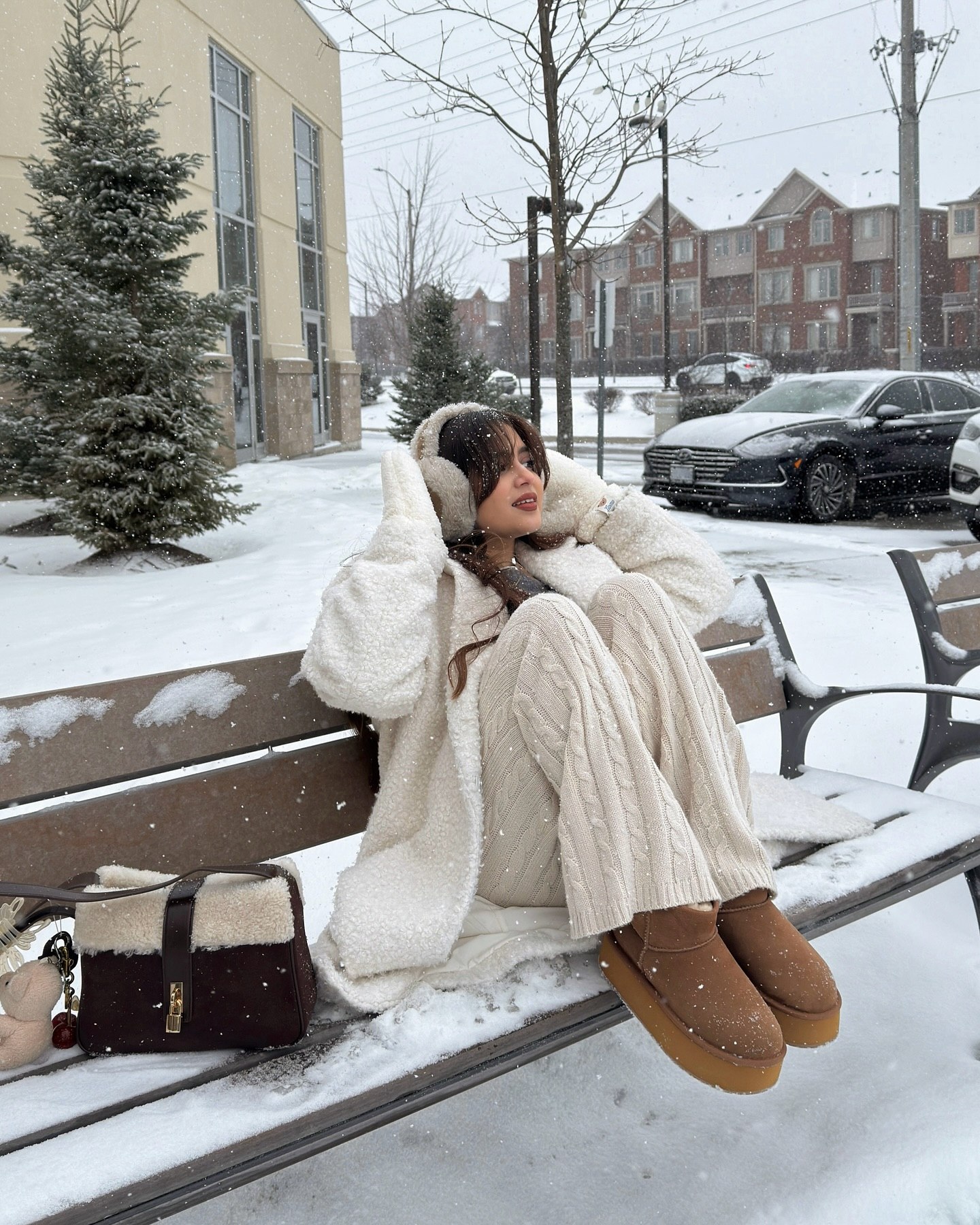 Cream Cable Knit Sweater And Trousers With Teddy Coat