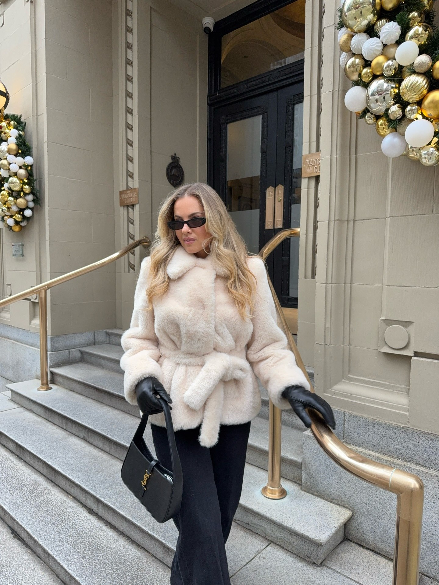 Cream Faux Fur Belted Coat With Black Trousers