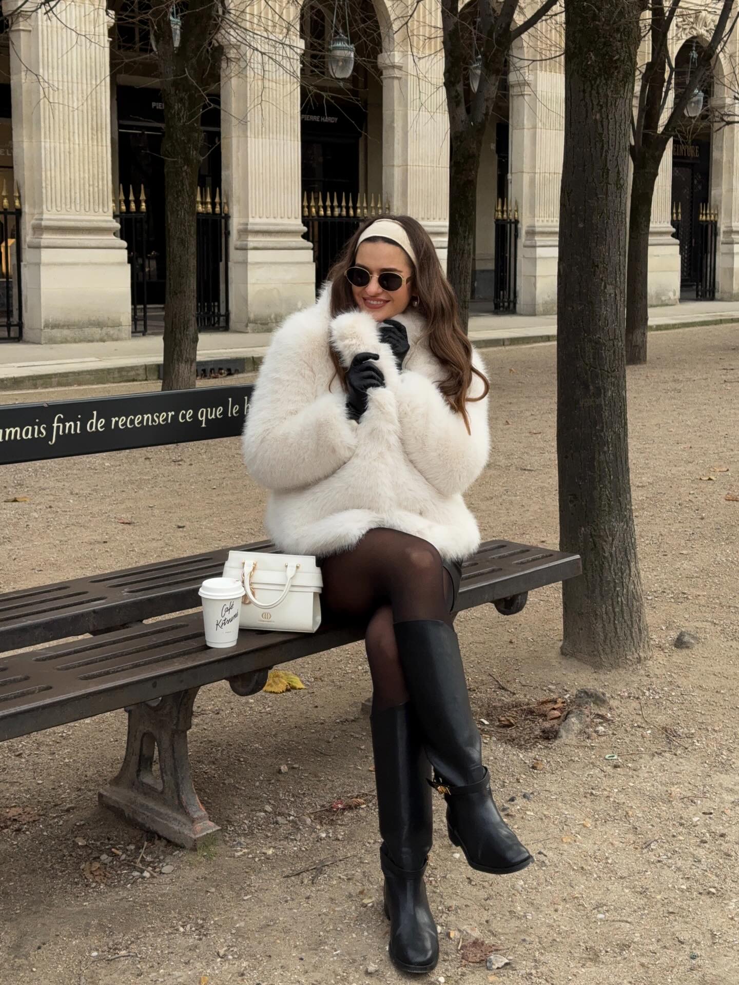 Cream Faux Fur Coat With Black Leather Boots