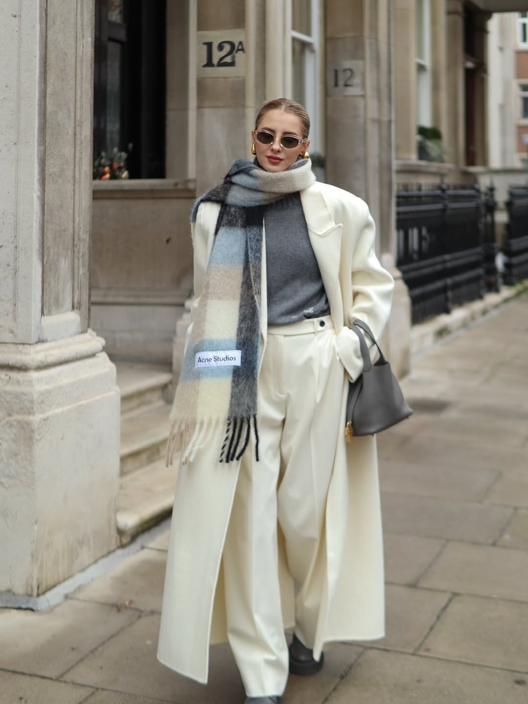 Cream Long Wool Coat With Plaid Scarf