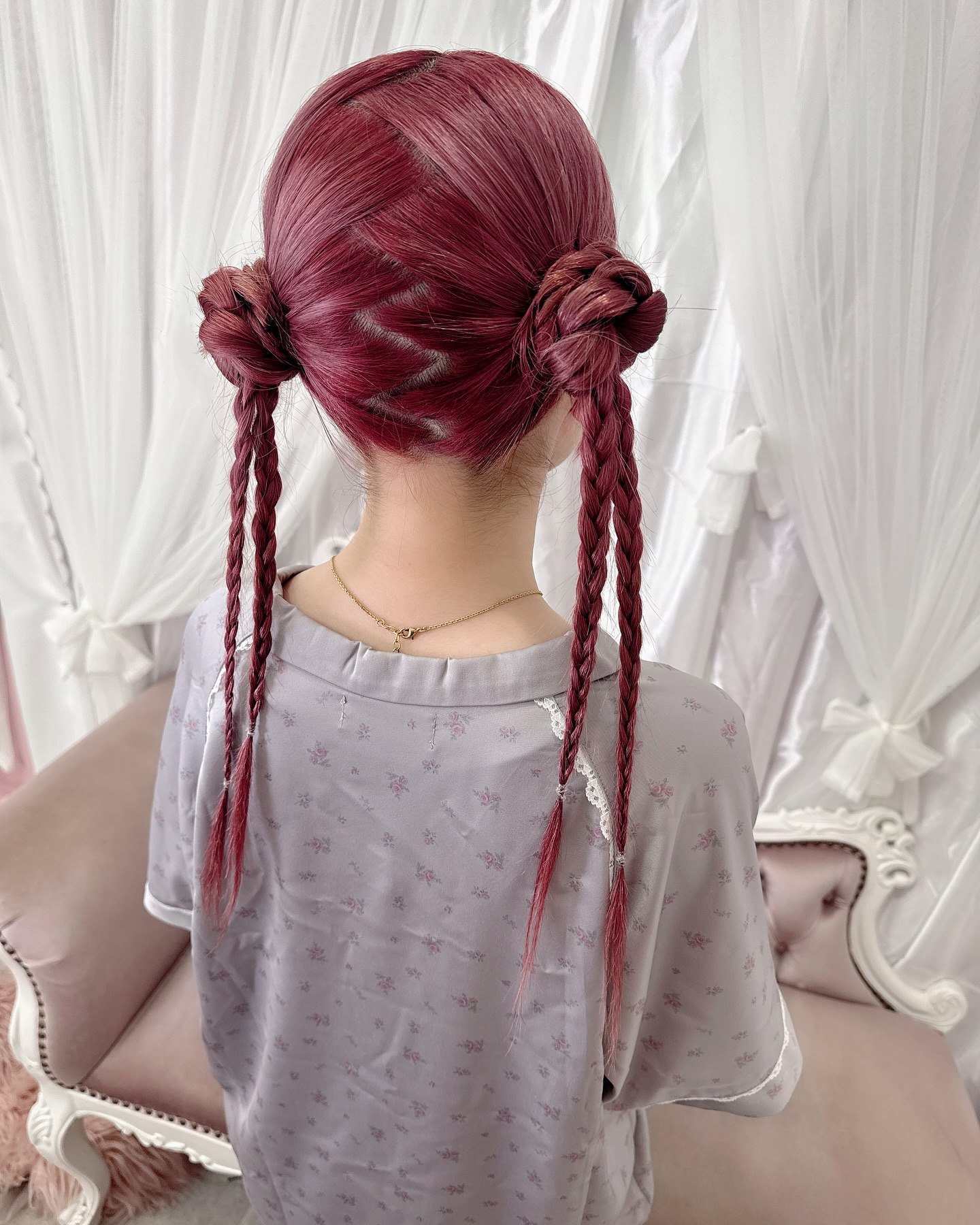 Crimson Zigzag Braids With Double Space Buns
