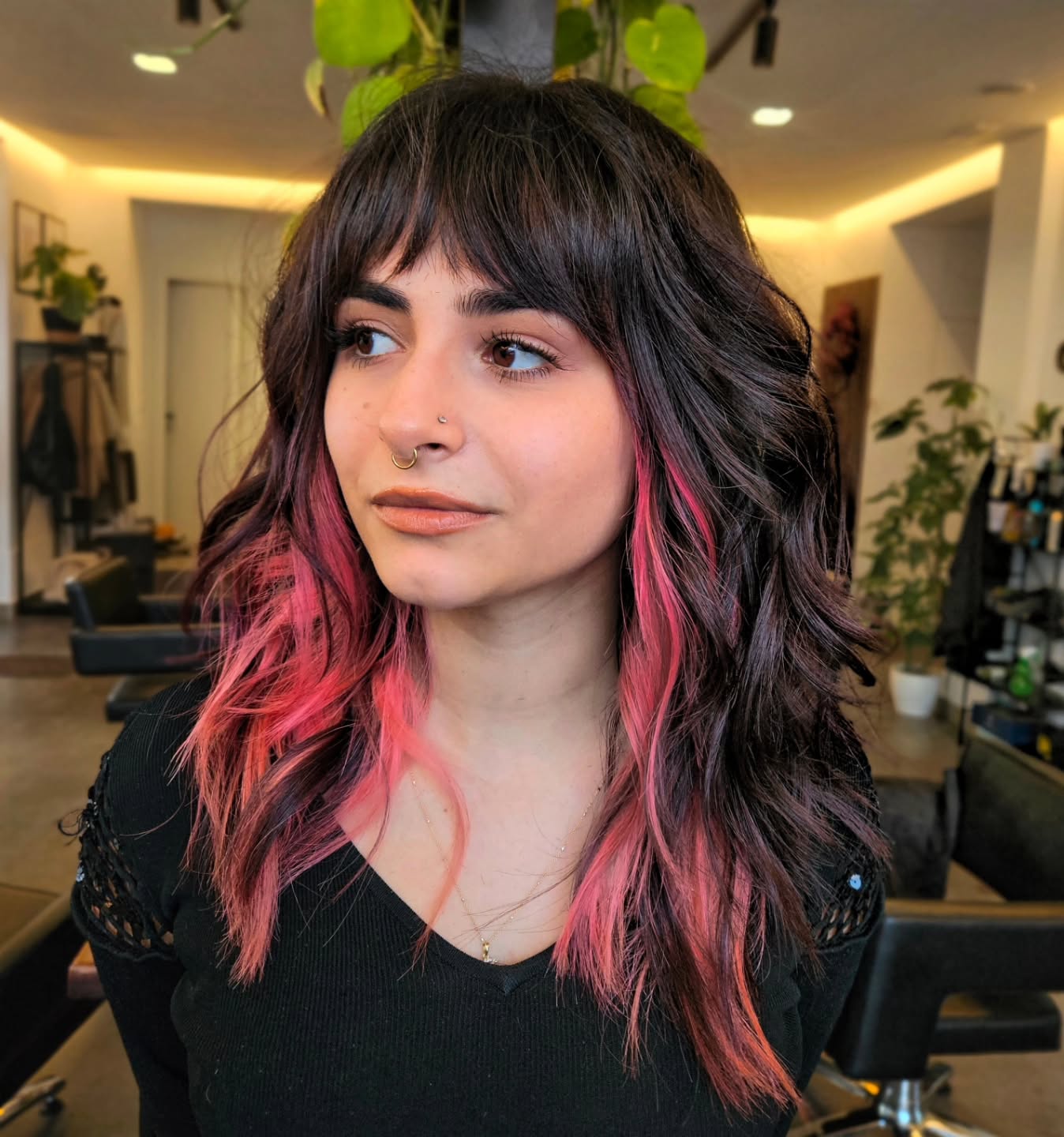 Dark Espresso Lob With Pink Streaks And Wispy Bangs