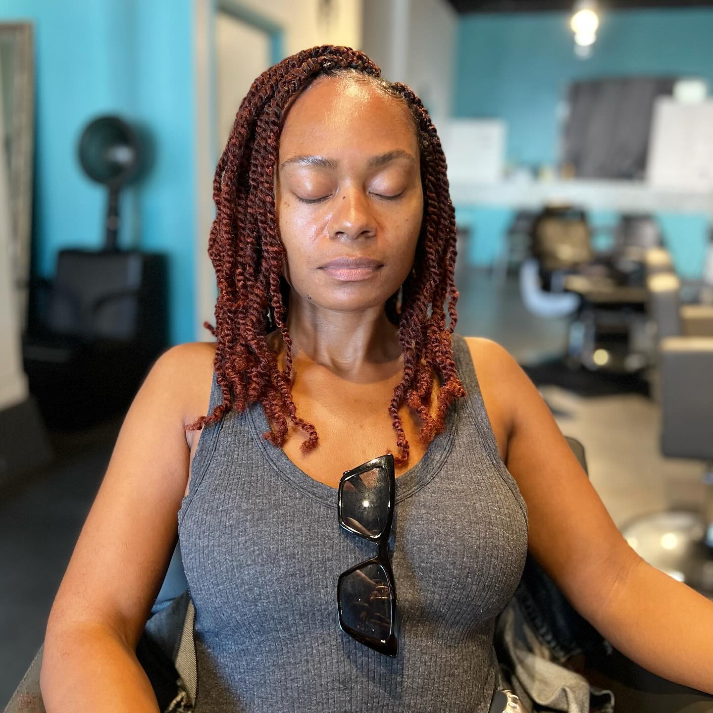 Deep Auburn Kinky Twist Bob With Side Part