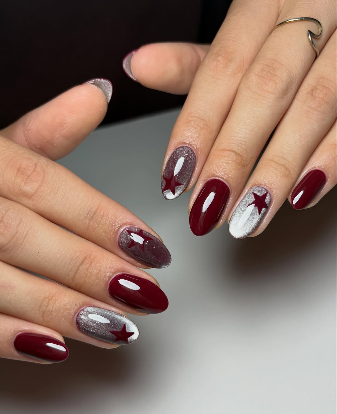 Deep Burgundy and Silver Star Aura Nails