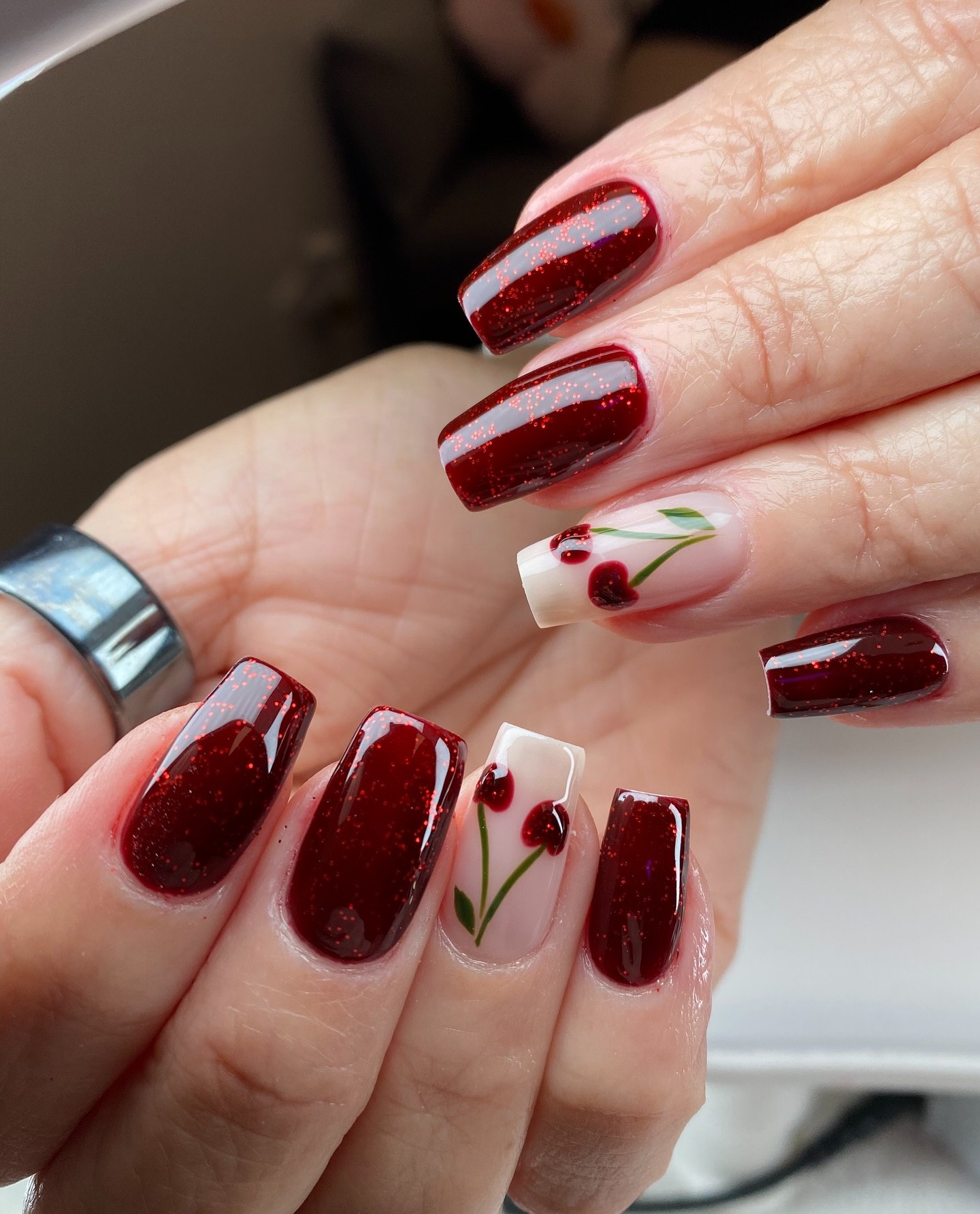 Deep Cherry Red Glitter with Cute Cherry Accents