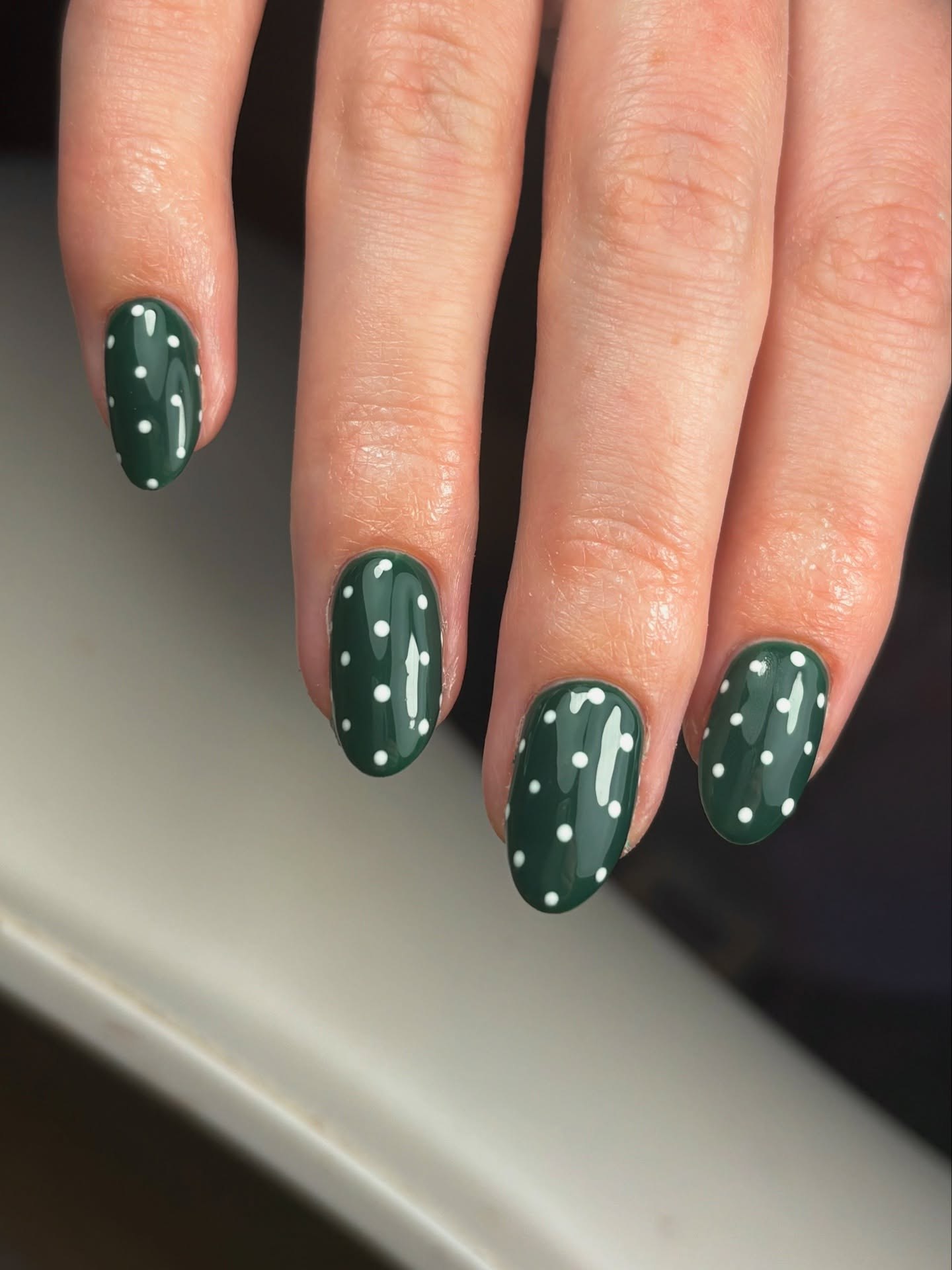Deep Forest Green Polka Dot Oval Nails