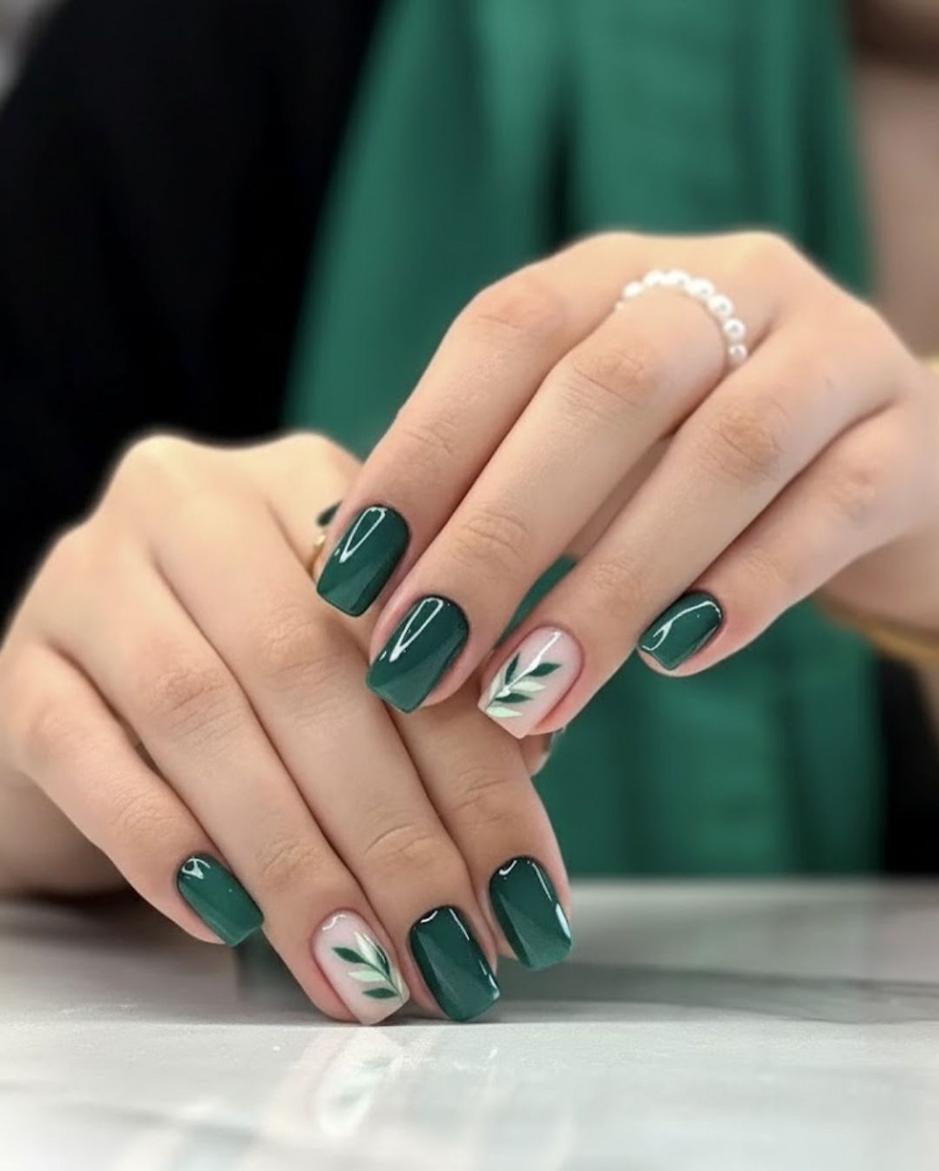 Deep Forest Green Square Nails with Leaf Art