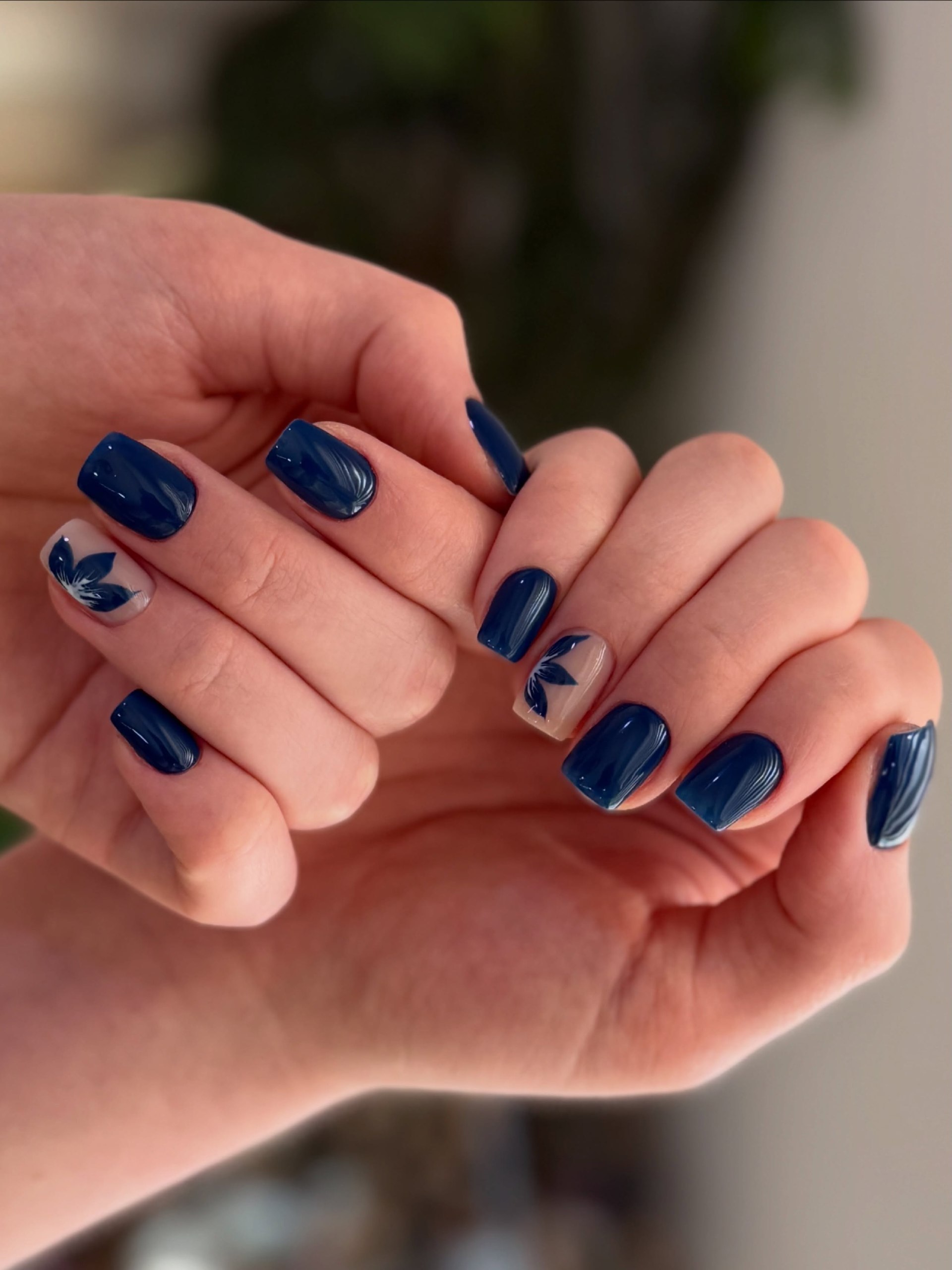 Deep Navy Floral Accent Square Nails