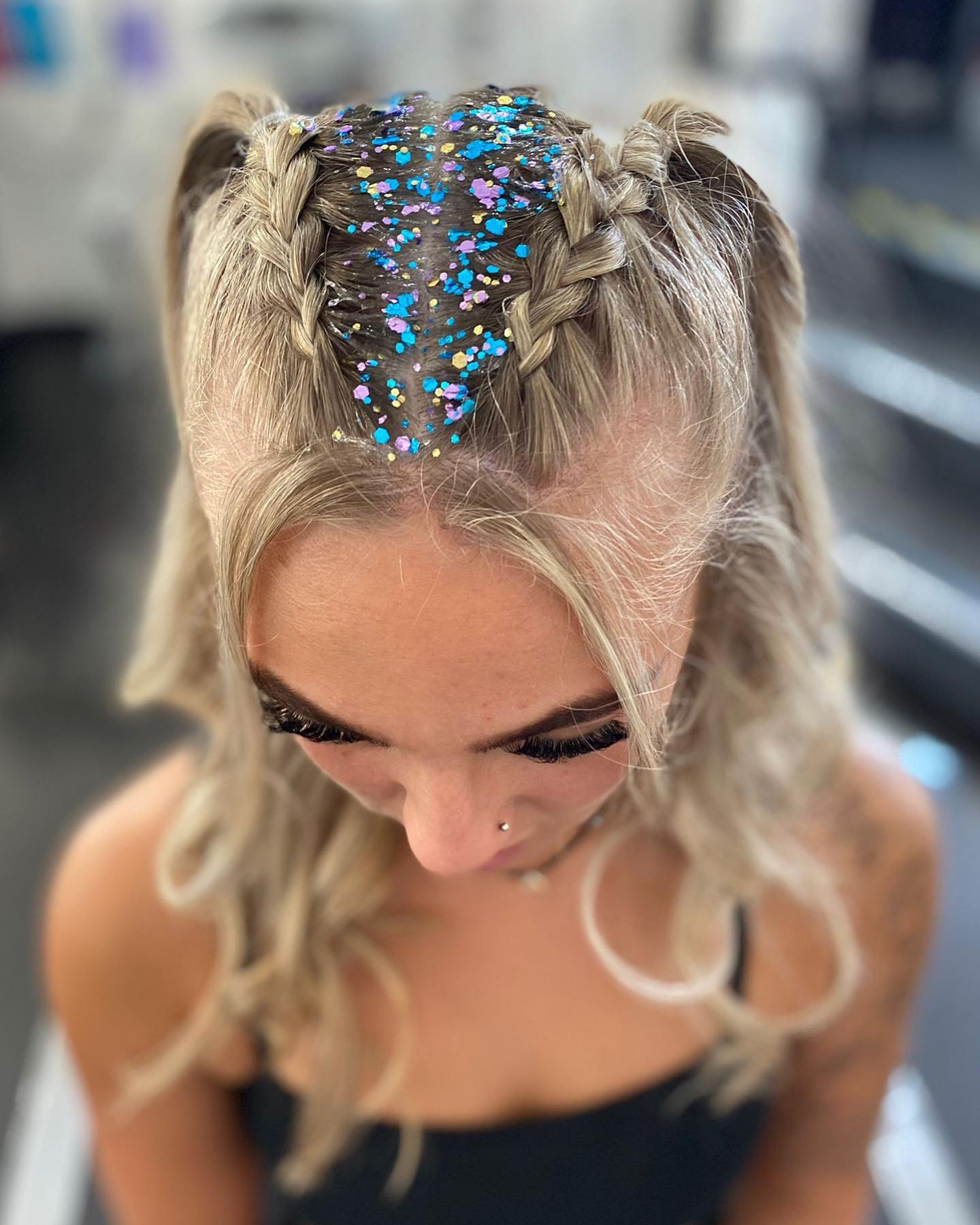 Double Braided Half Up With Festival Hair Glitter