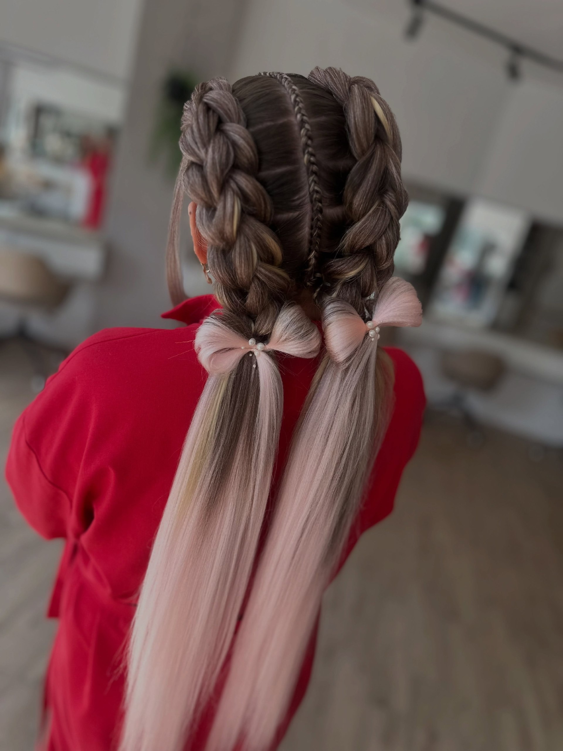 Double Braids With Pink Ombre Extensions
