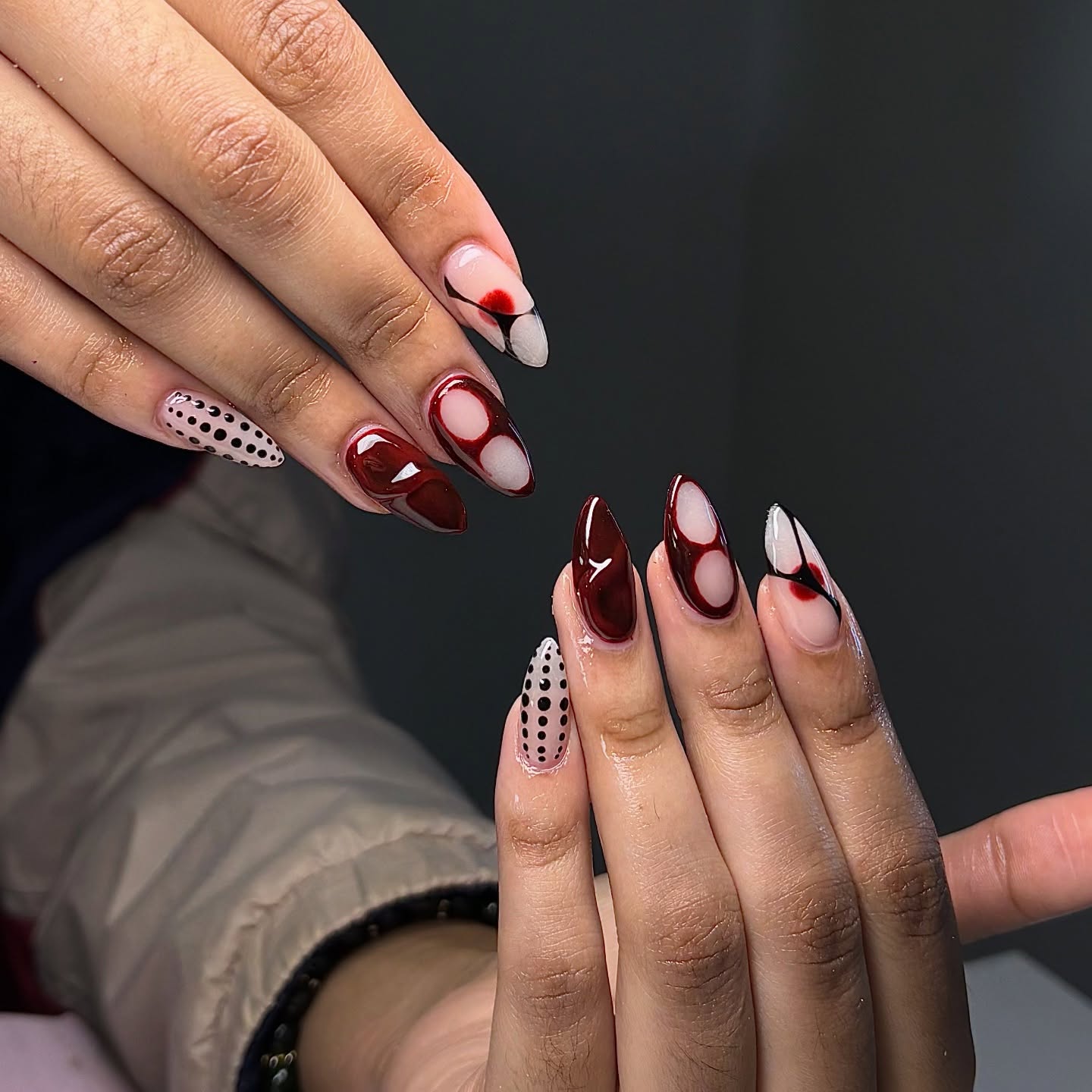 Edgy Dark Cherry Aura Almond Nails