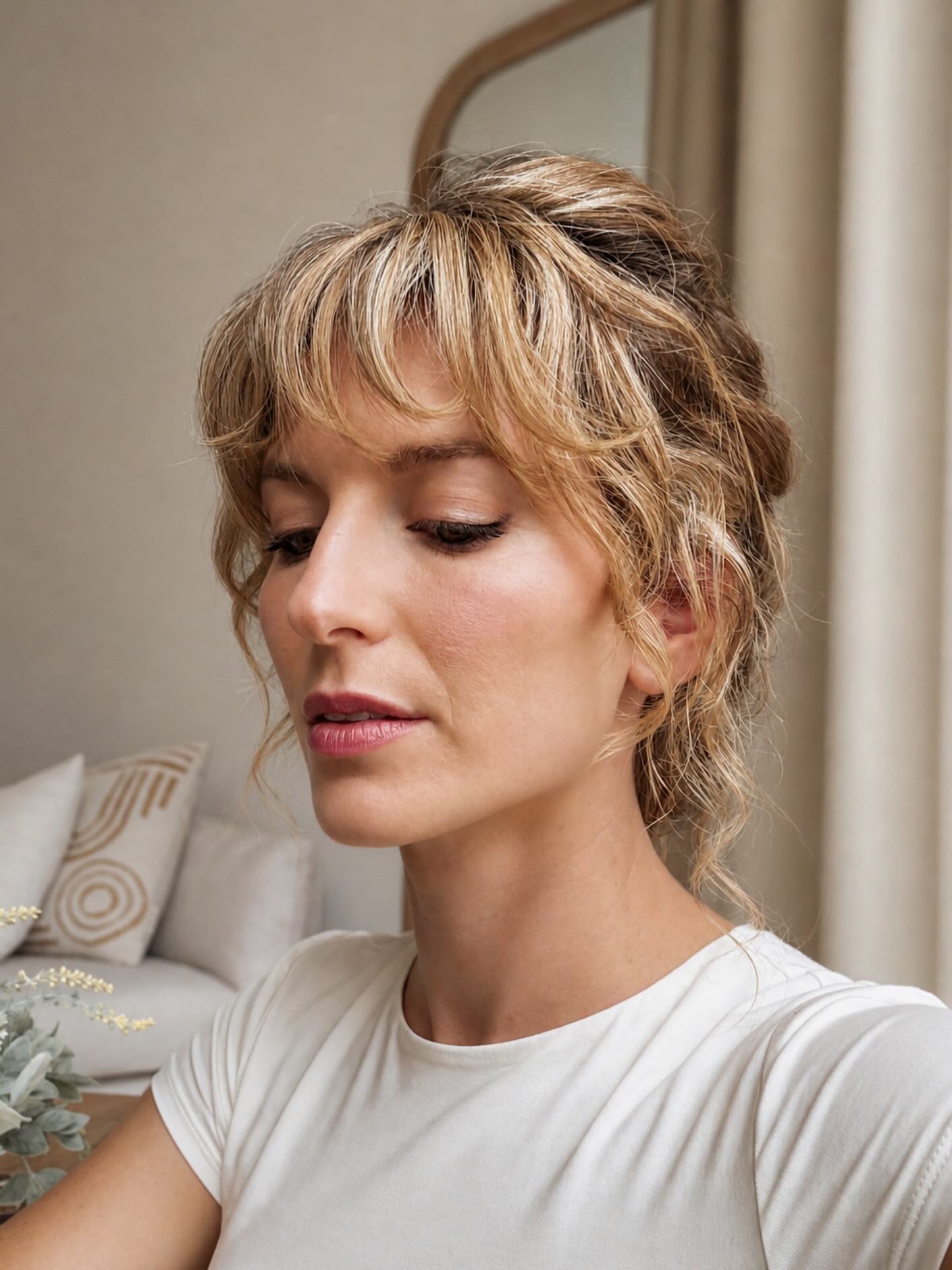 Effortless Tousled Bangs On Honey Blonde Waves
