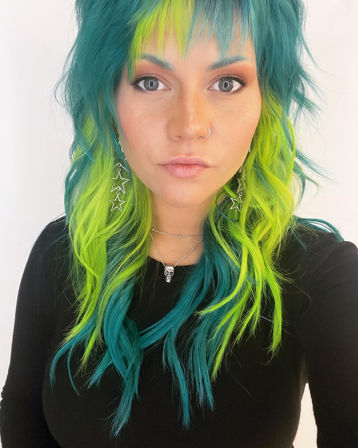 Electric Teal And Lime Green Shag With Wispy Bangs