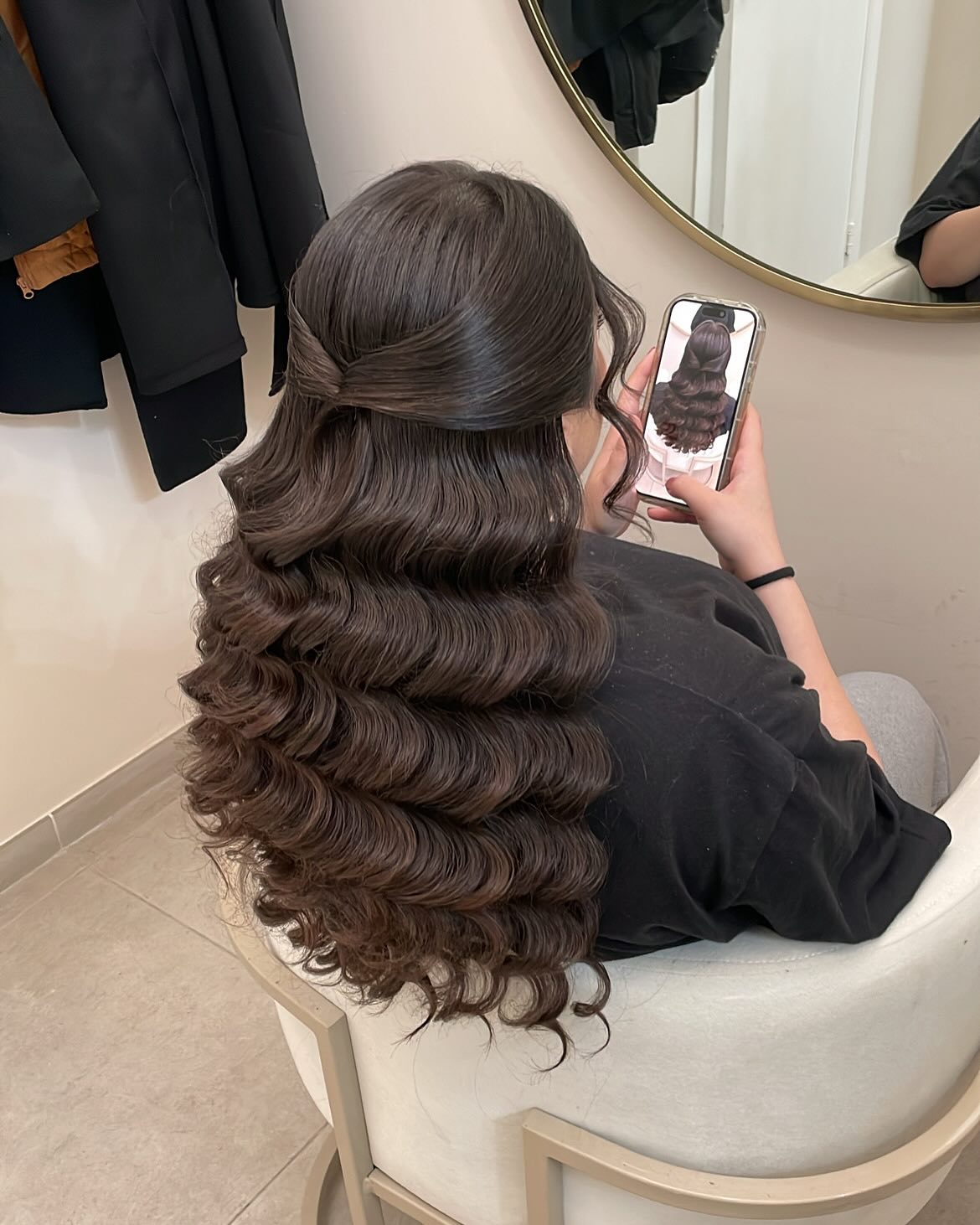 Elegant Deep Barrel Waves Half-Up Style