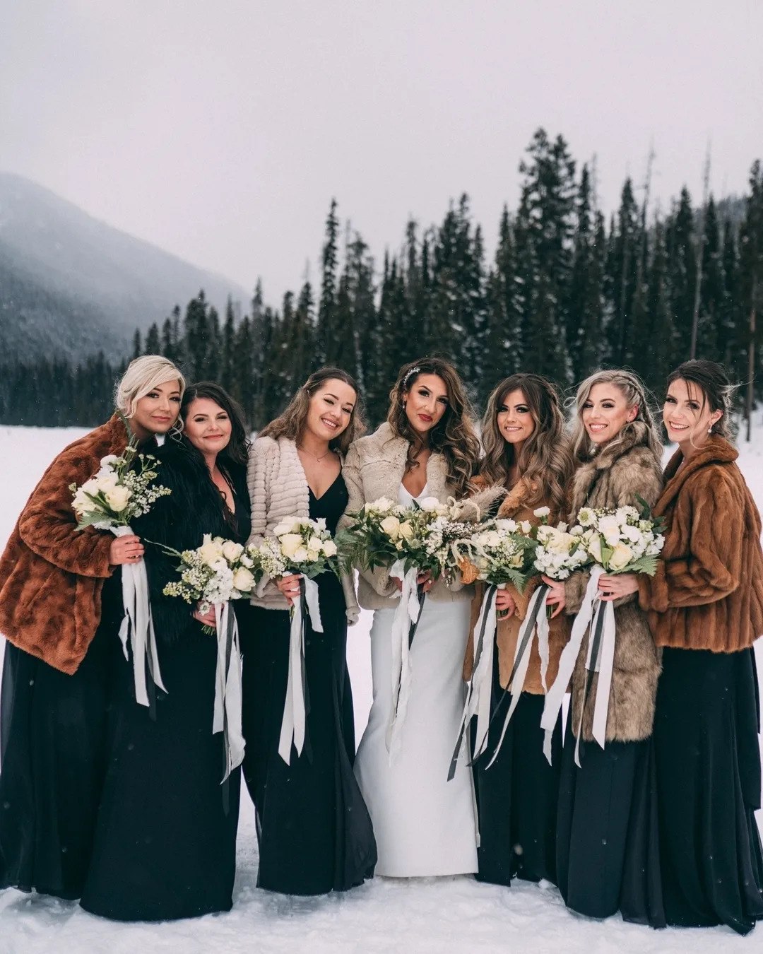 Elegant Faux Fur Coats And Black Gowns Winter Wedding