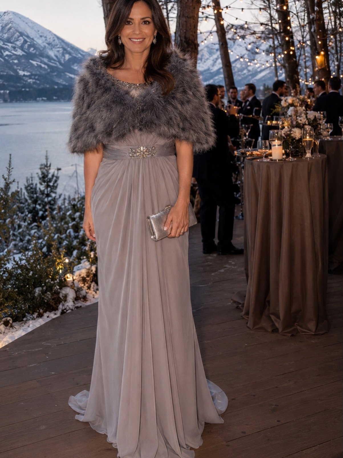 Elegant Grey Gown With Feathered Capelet