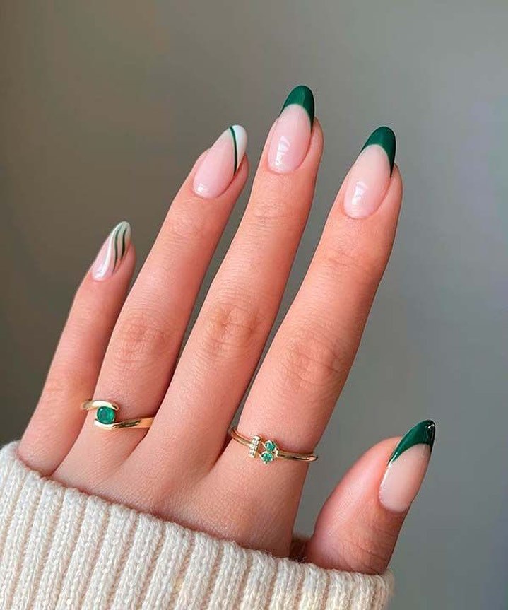 Emerald French Tips with Swirl Accents