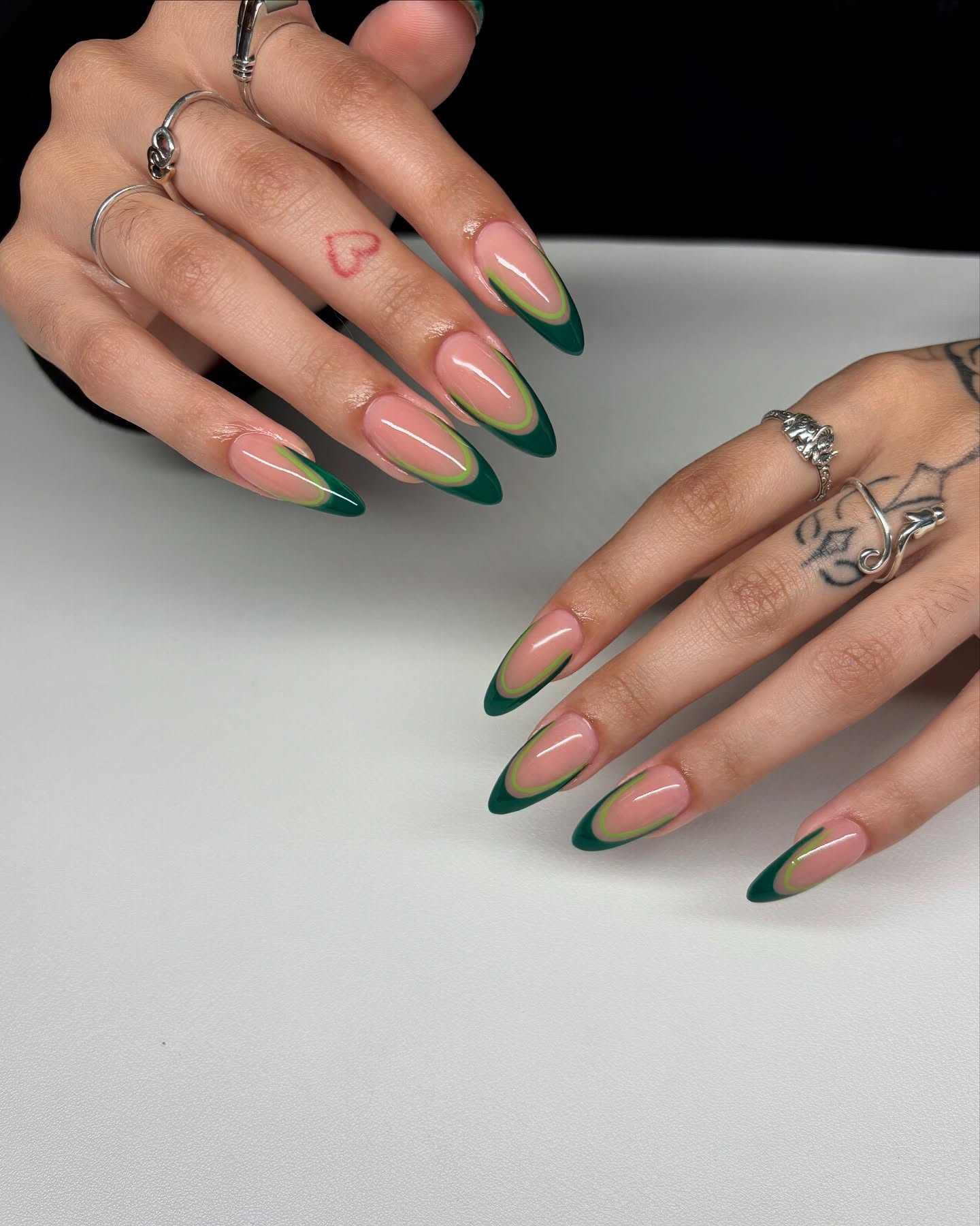 Emerald Green Outline French Almond Nails