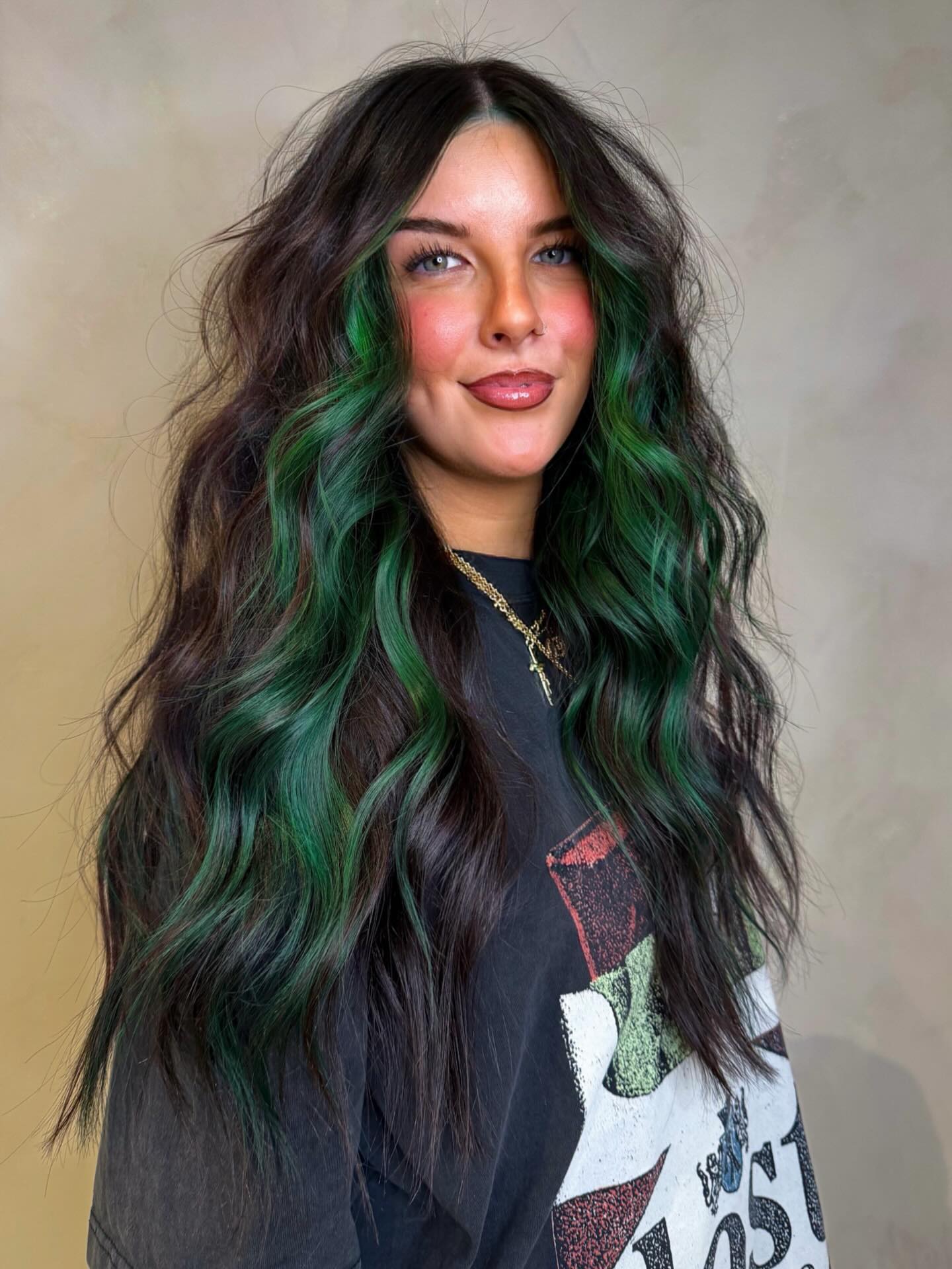Emerald Streaks On Dark Wavy Mid-Back Hair